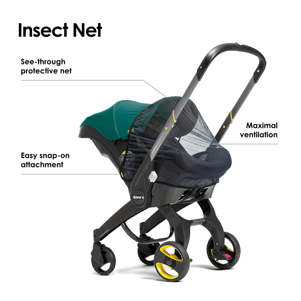 Doona Insect Net attached to stroller with snap-on connectors for quick use.