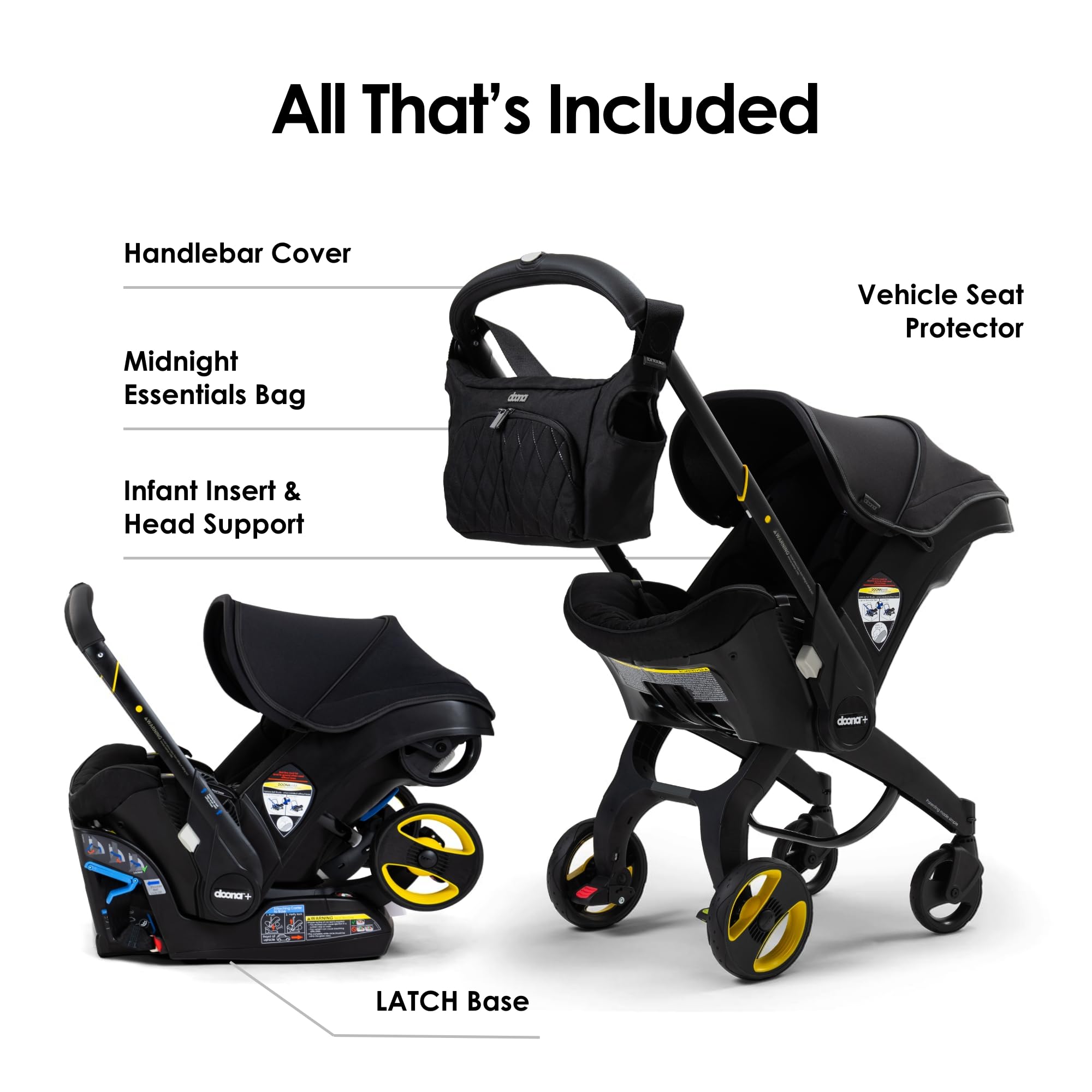 Doona Midnight Edition base attachment enables quick, secure car-seat setup.