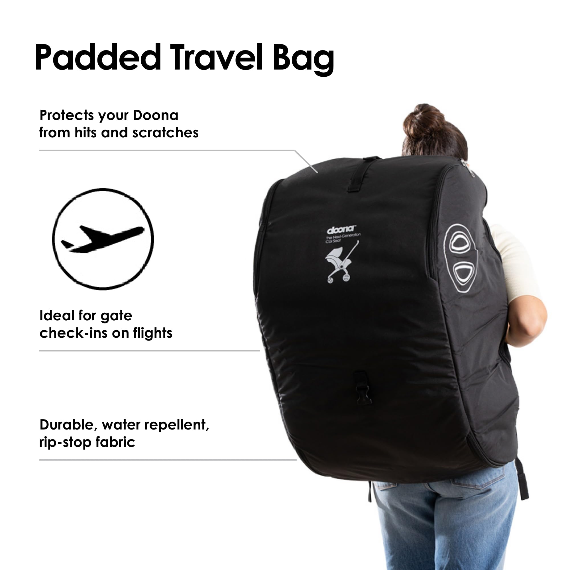 DOONA padded travel bag in black, side view, easy to carry.