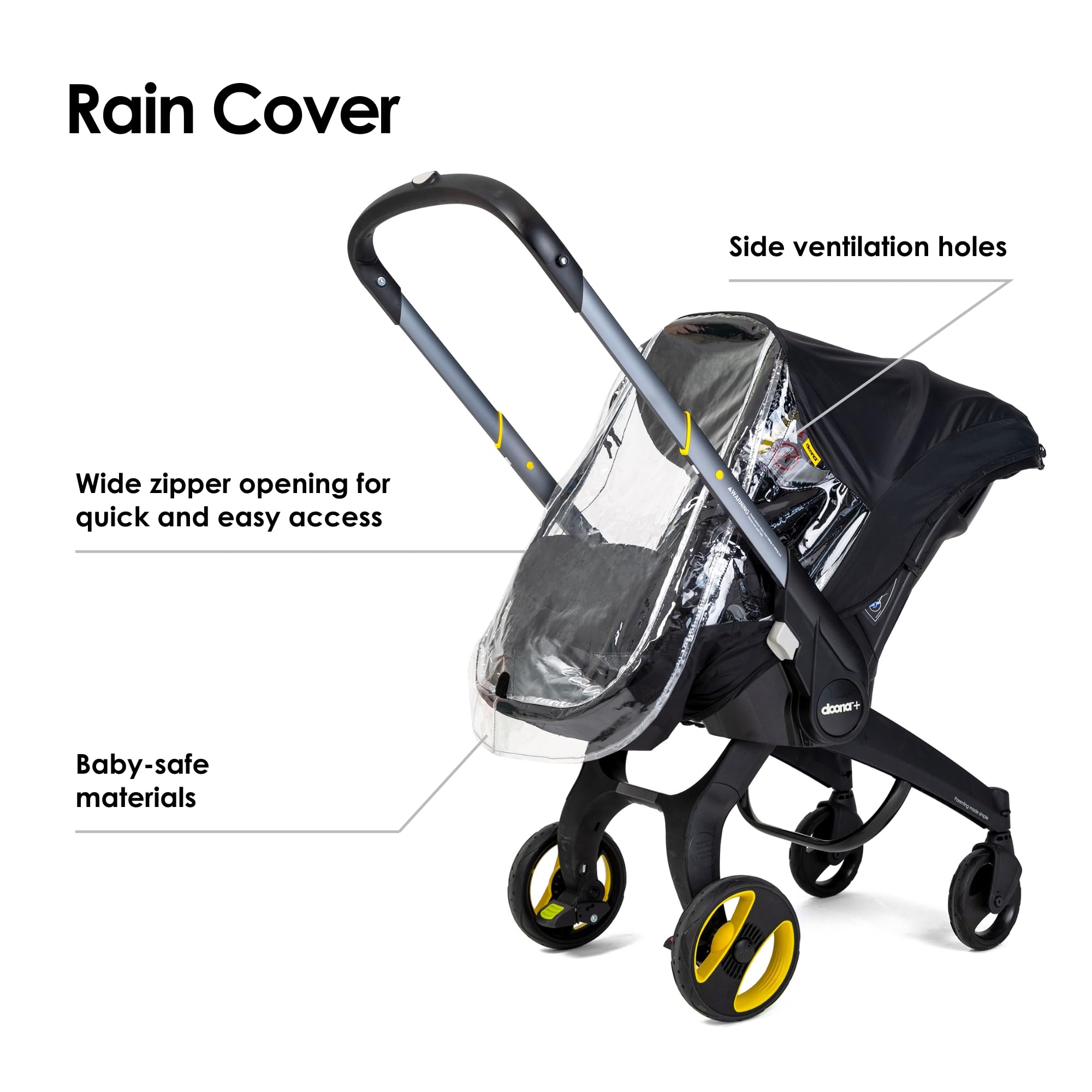 DOONA Rain Cover mounted on stroller keeps child dry during outings