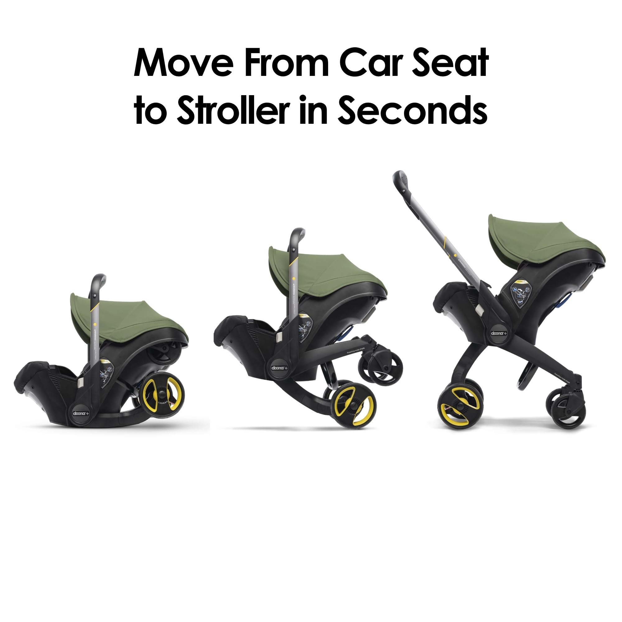DOONA rear-facing car seat and stroller ready for travel with a sleeping baby.