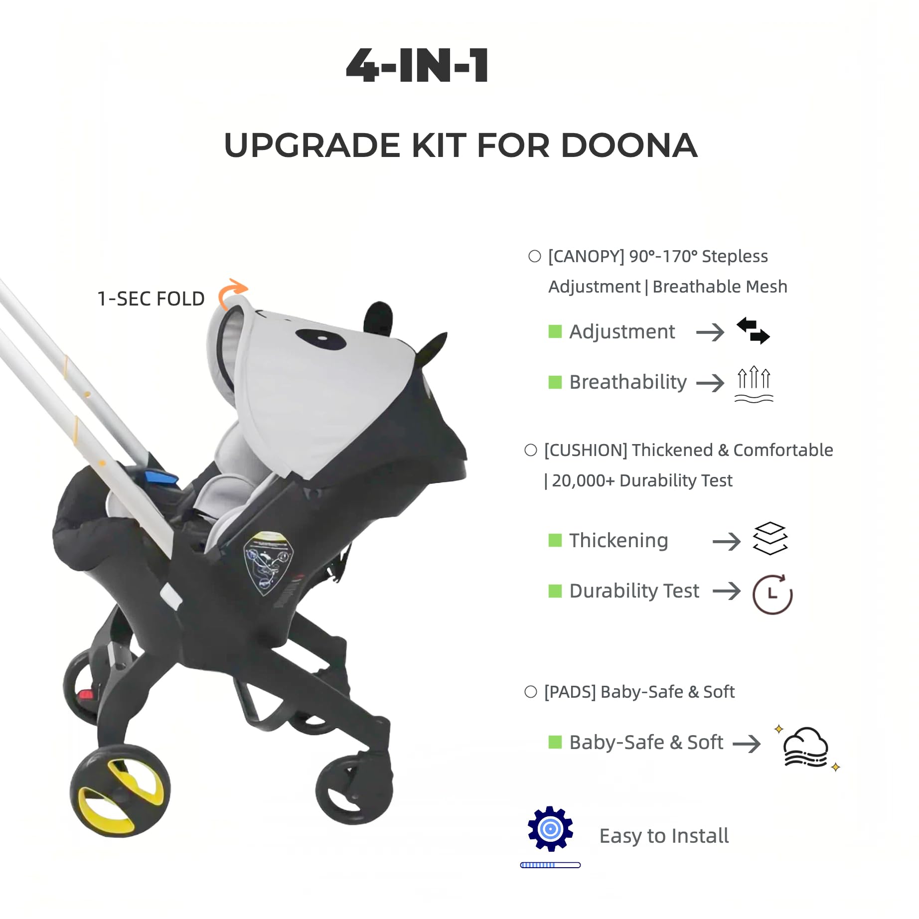 Doona seat cushion close-up, extra comfort on longer outings.