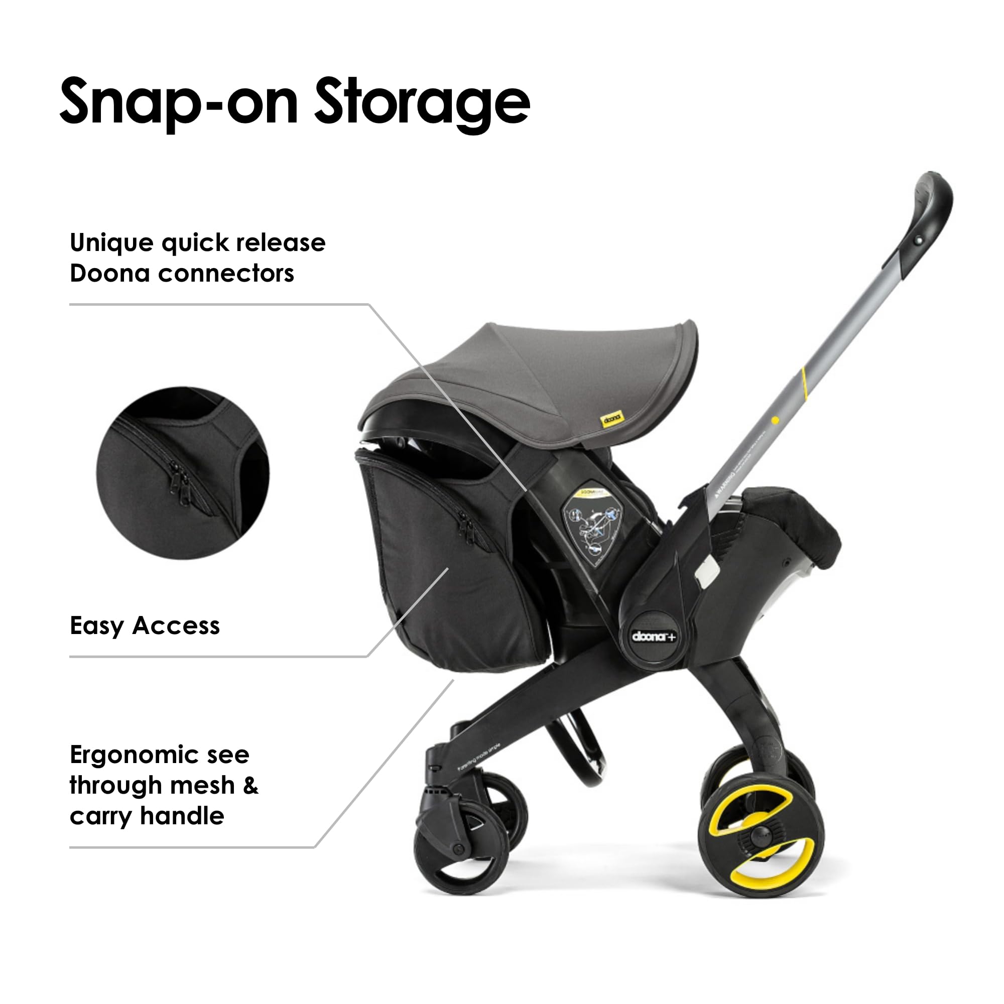 DOONA Snap-On Storage's mesh panel keeps items visible and reachable.