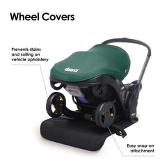 DOONA wheel covers snap-on attachment demonstrates simple setup.