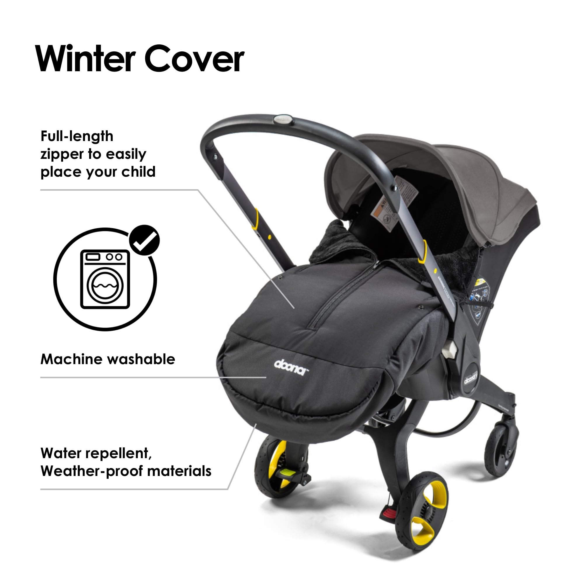 DOONA winter cover showing water-repellent exterior protecting against wind and light rain
