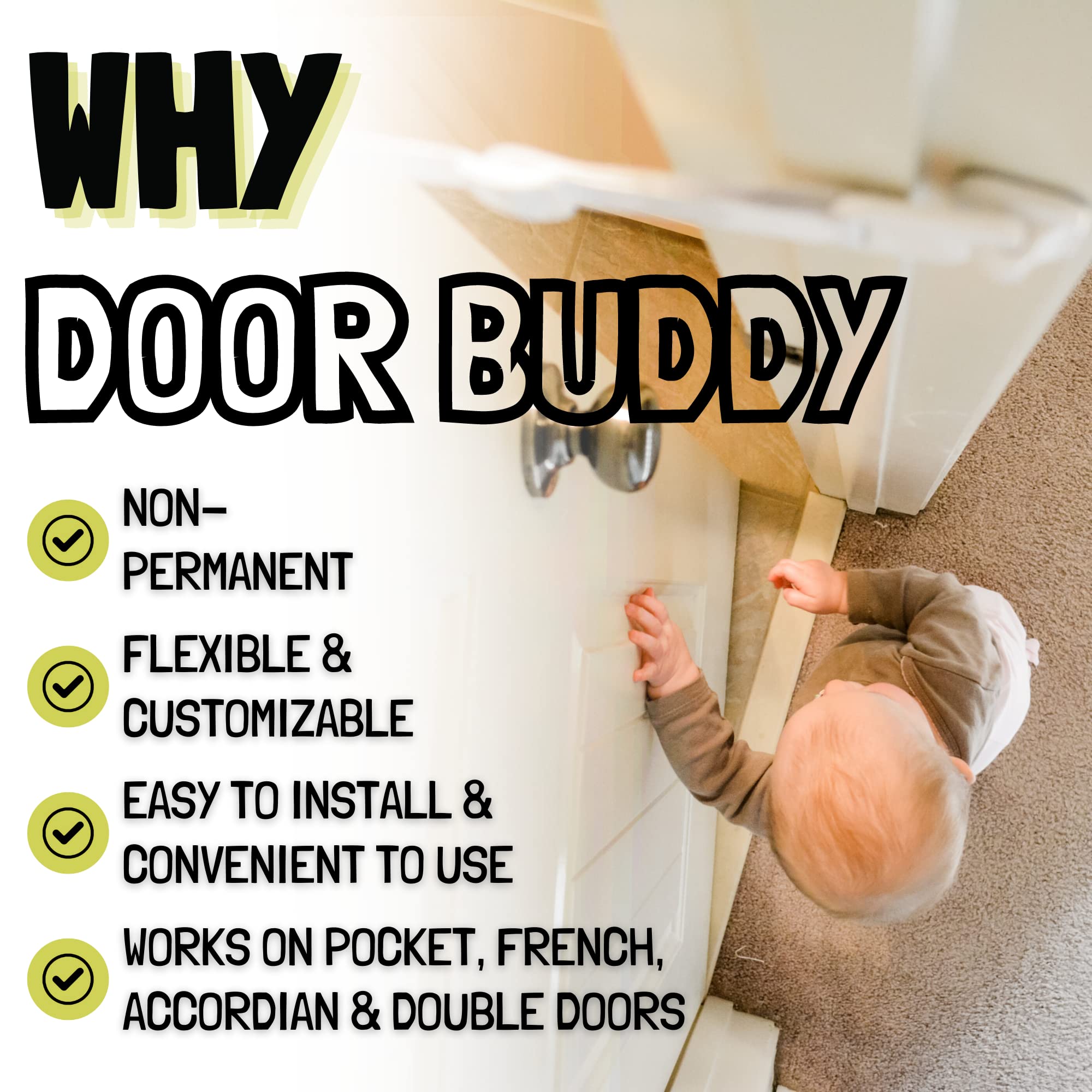 Door Buddy uses strong 3M adhesive to attach without drilling.