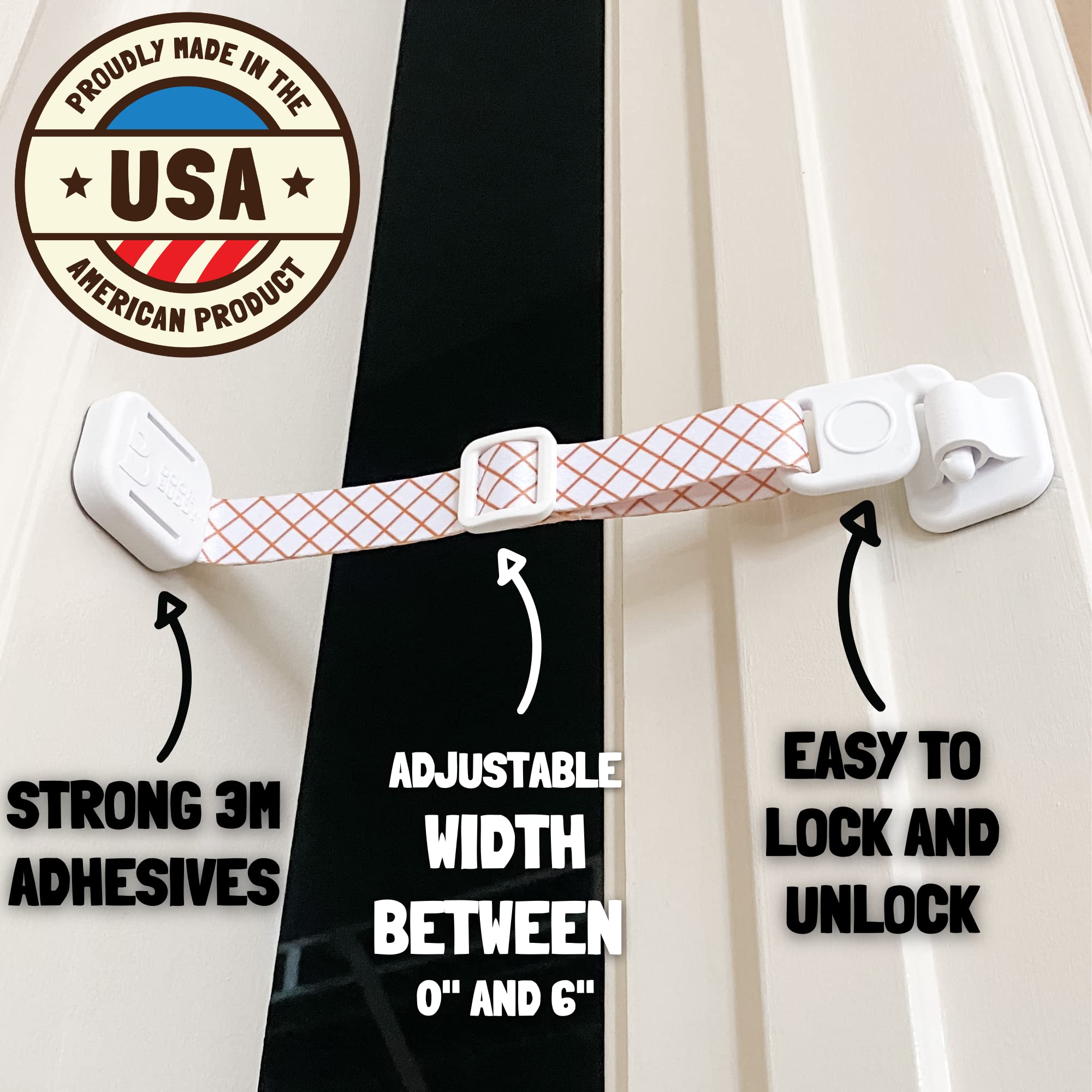 Door Buddy adjustable strap 0-6 inches for controlled door openness.