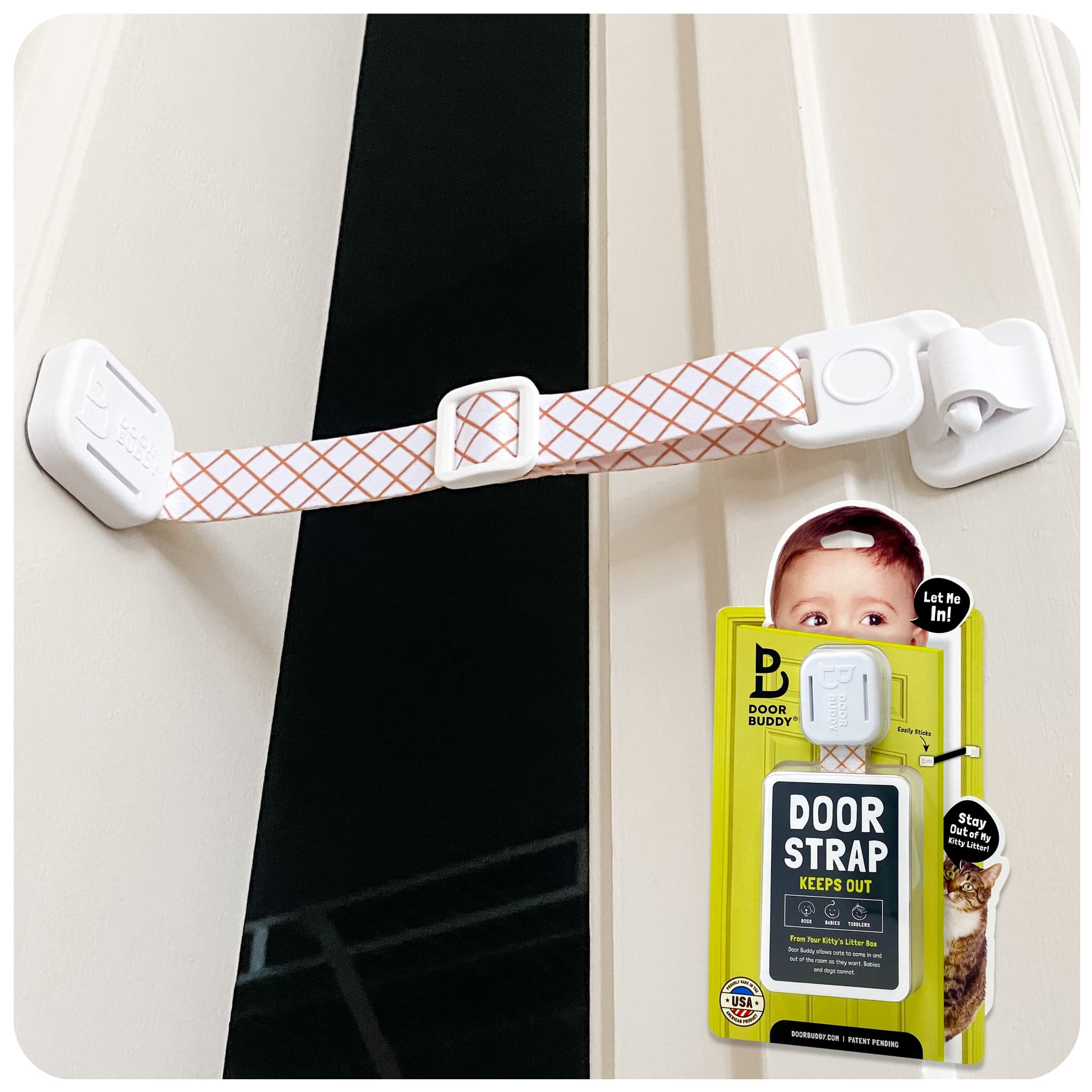 Door Buddy caramel door lock strap securing a doorway for families and pets.
