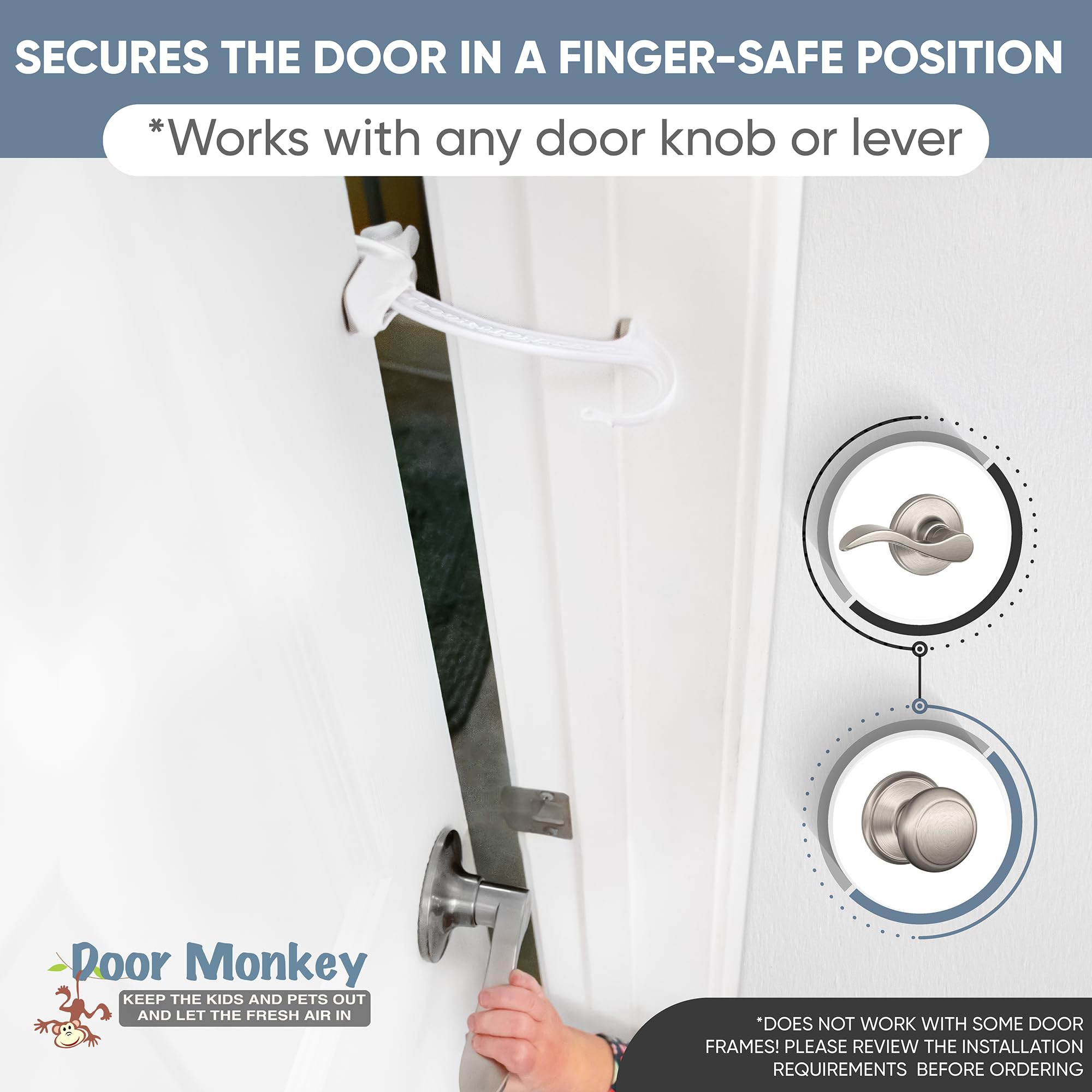 Door Monkey knob and lever fit clamps securely on standard doors for easy security.