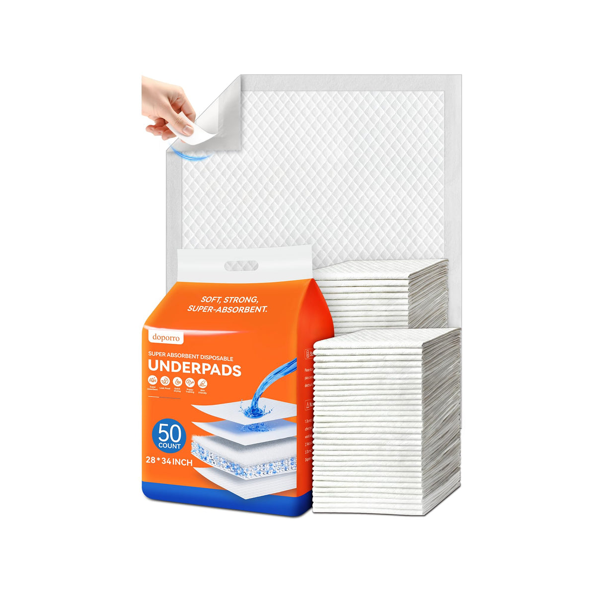 Doporro 50-count underpads for adult overnight protection and mattress defense.
