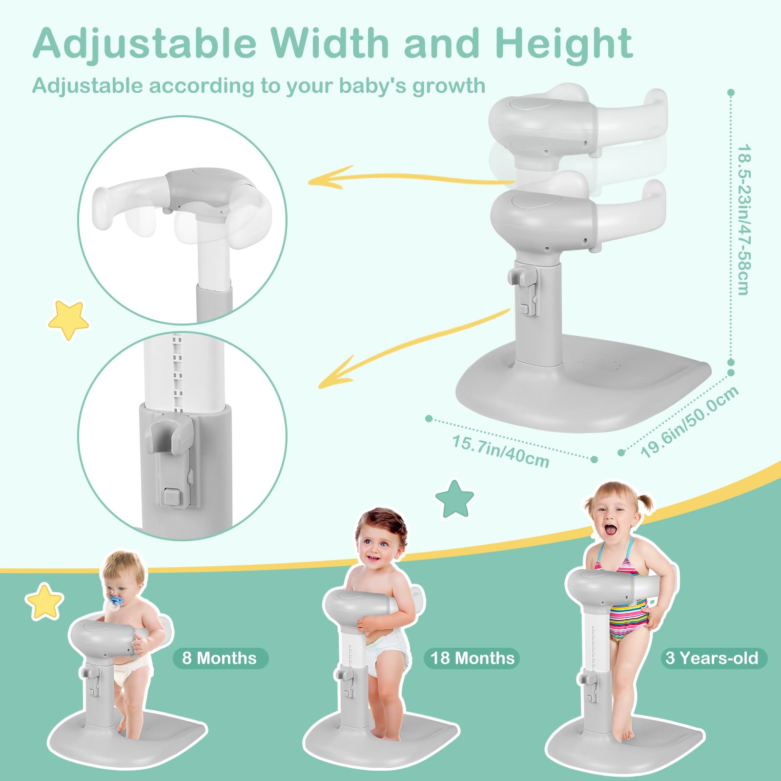 DORABALIY adjustable bath stand showing width and height customization.