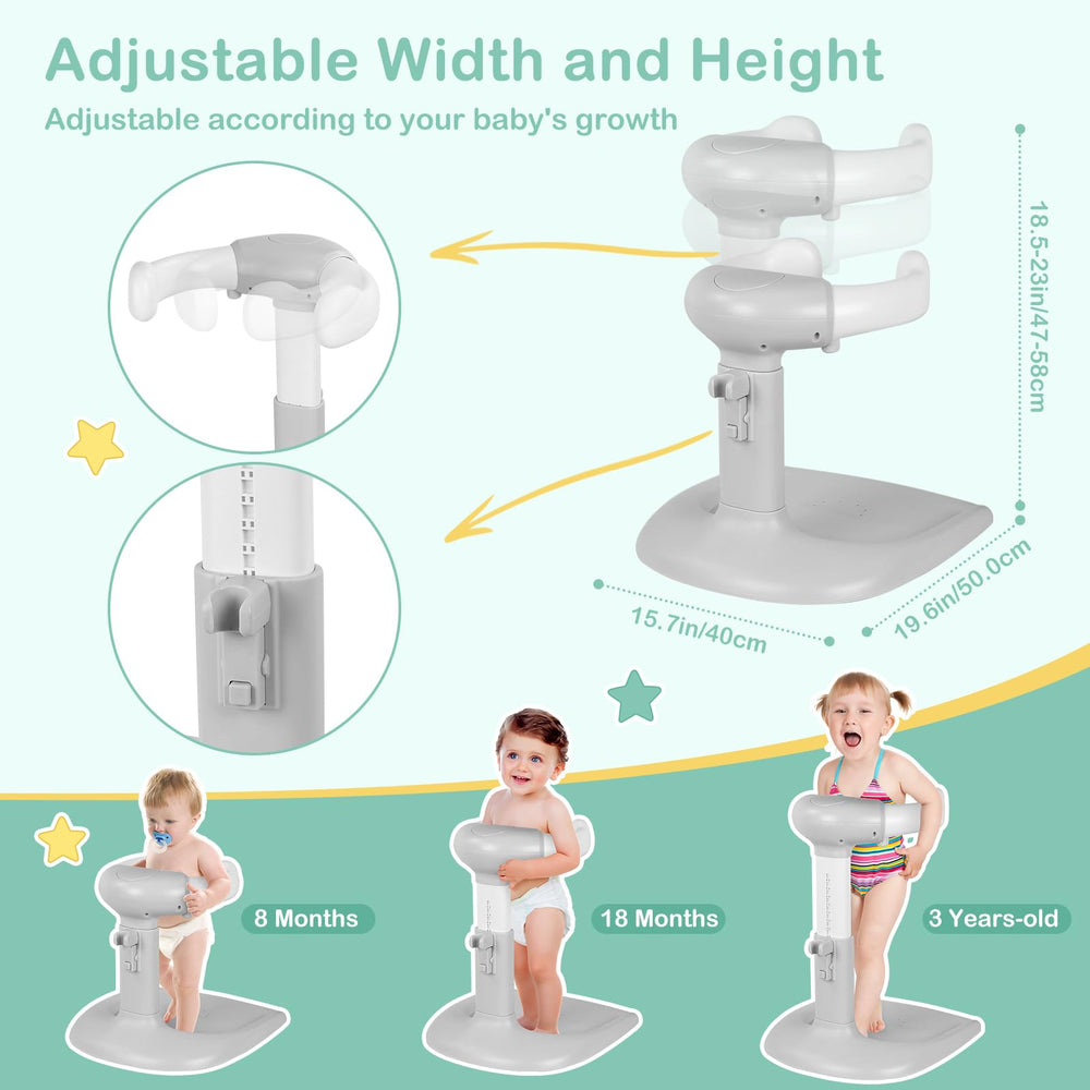 DORABALIY adjustable bath stand showing width and height customization.