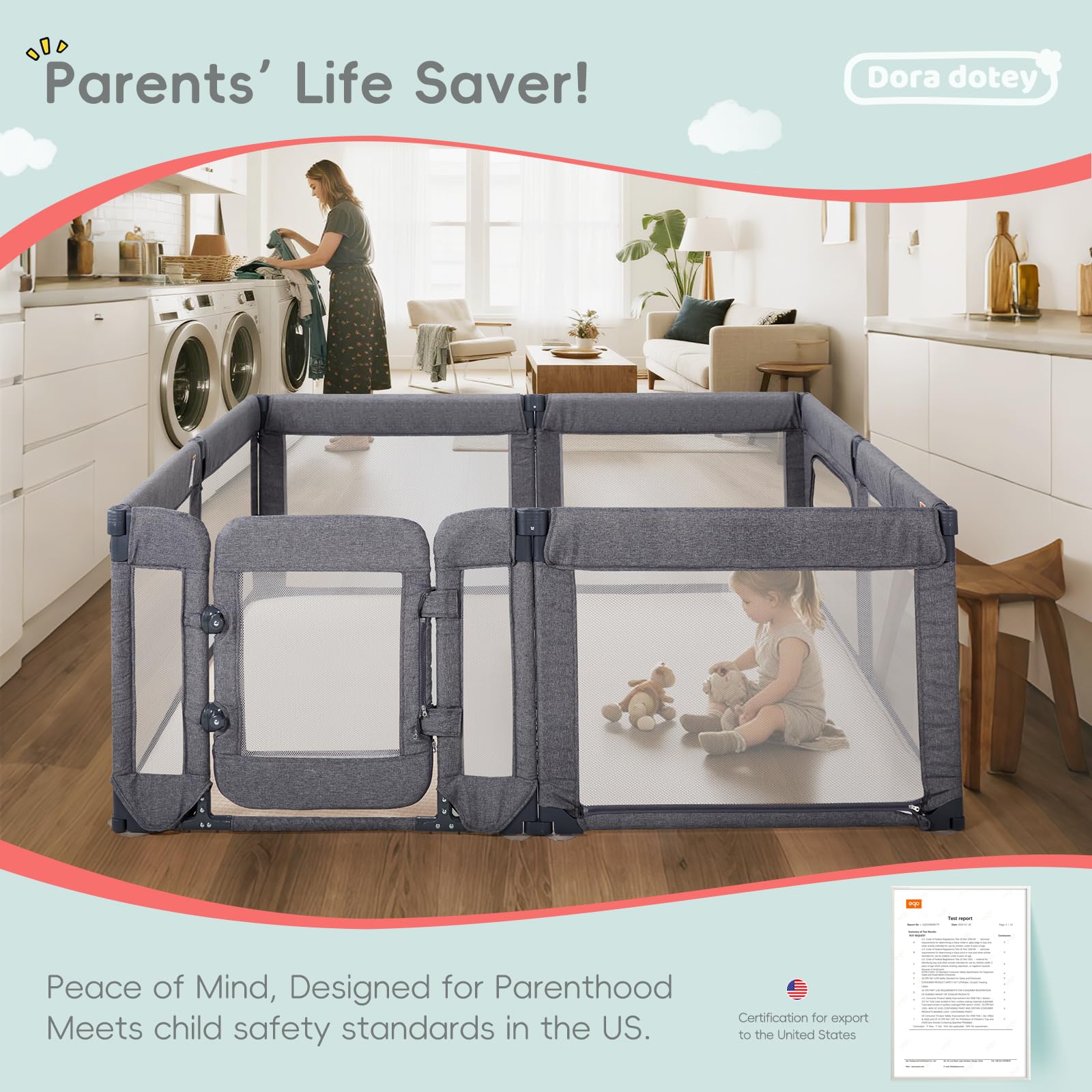 360-degree visibility mesh of Dora dotey playpen for constant supervision.