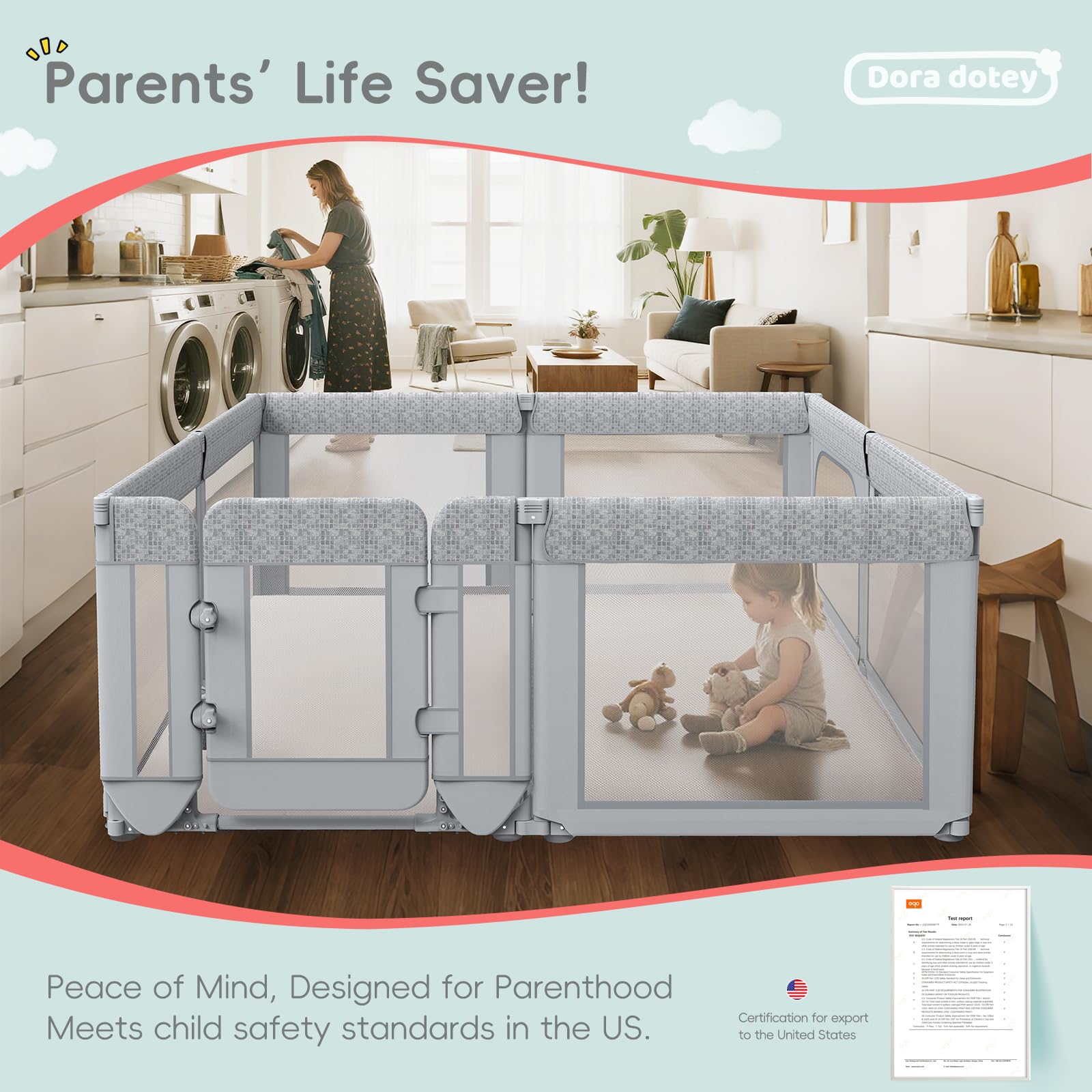 Dora dotey Playpen Full Mesh Panels keep you connected while baby explores.