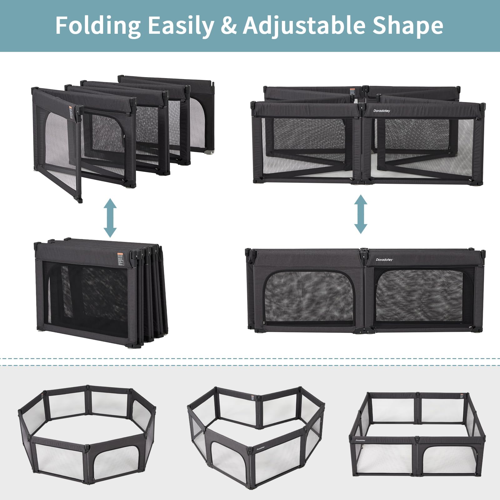 Doradotey playpen features breathable 360° mesh for visibility and comfort.