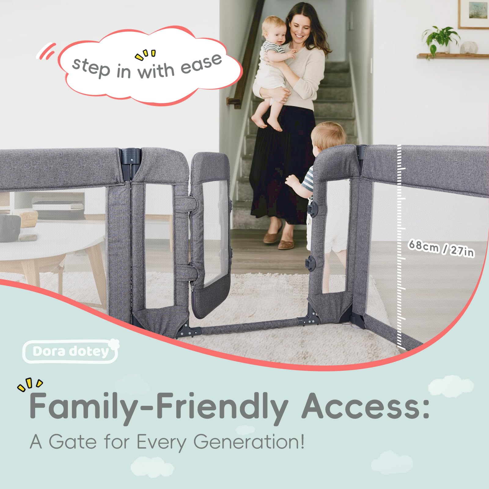 Deep gray Dora dotey playpen blends into home decor while containing playtime.