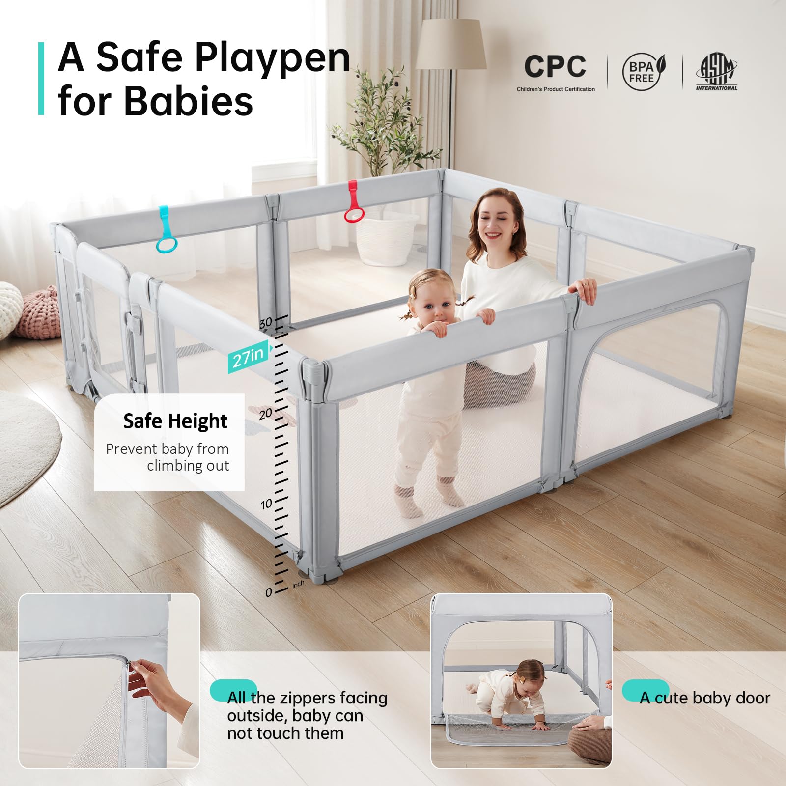 Dora dotey light grey playpen fits modern rooms.