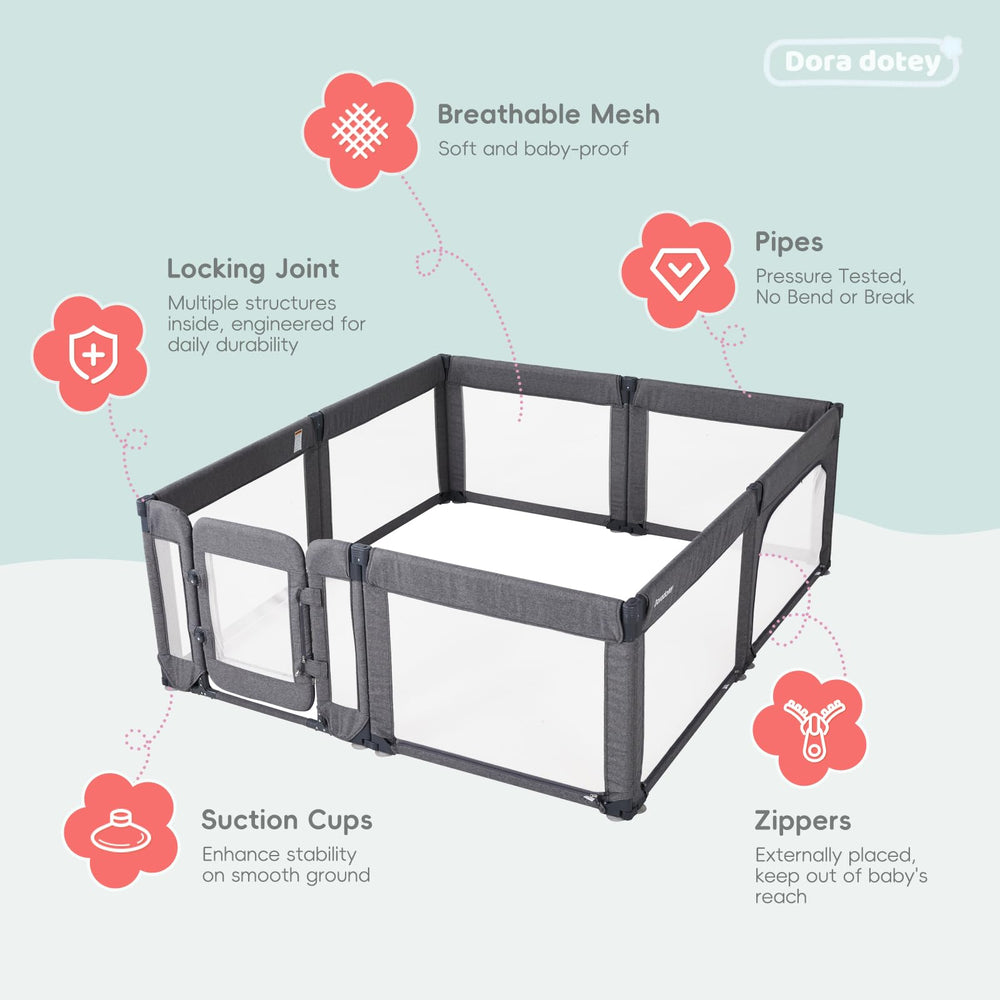 Padded rails on Dora dotey playpen to cushion little bumps during play.