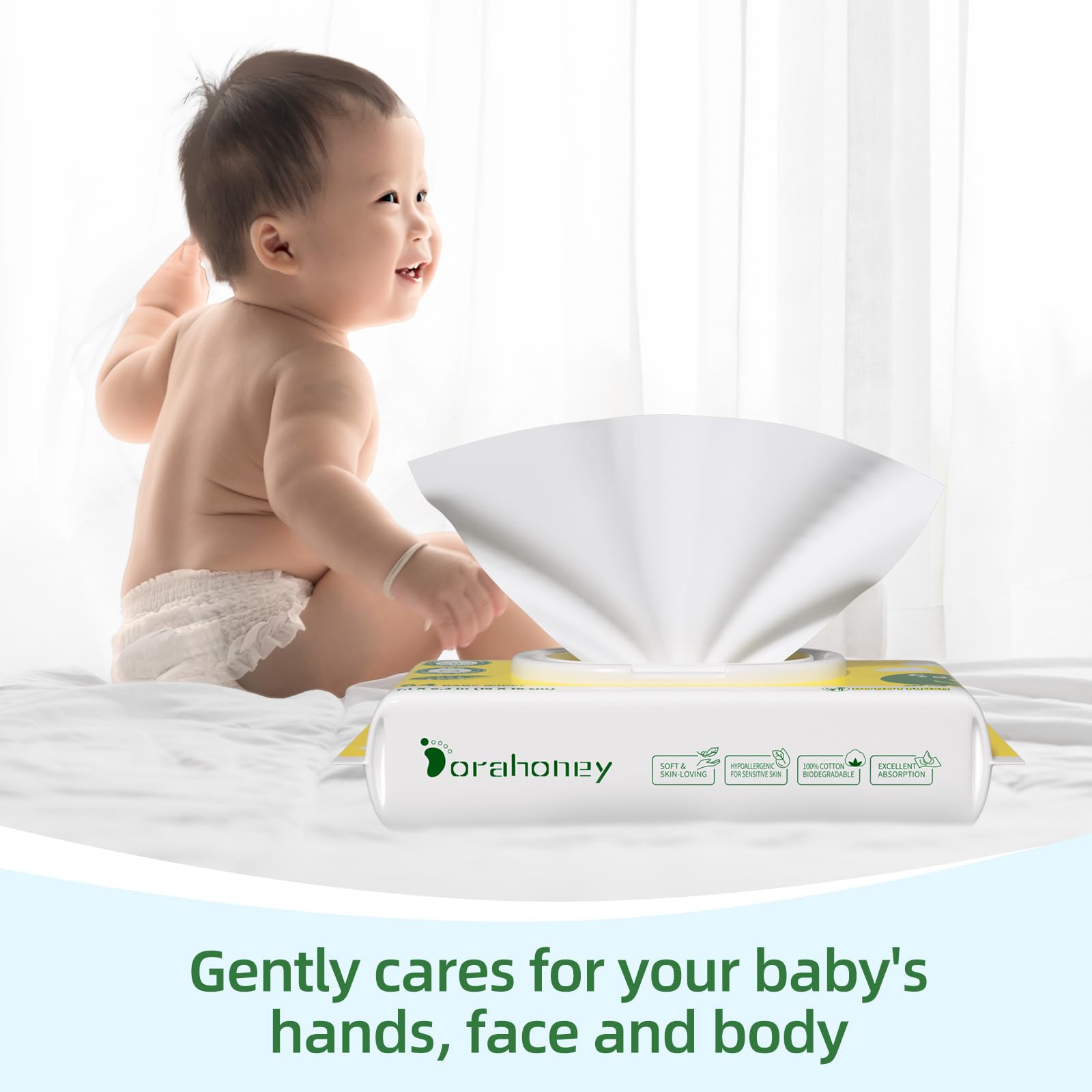 Dorahoney dispenser shows one-wipe-at-a-time convenience.