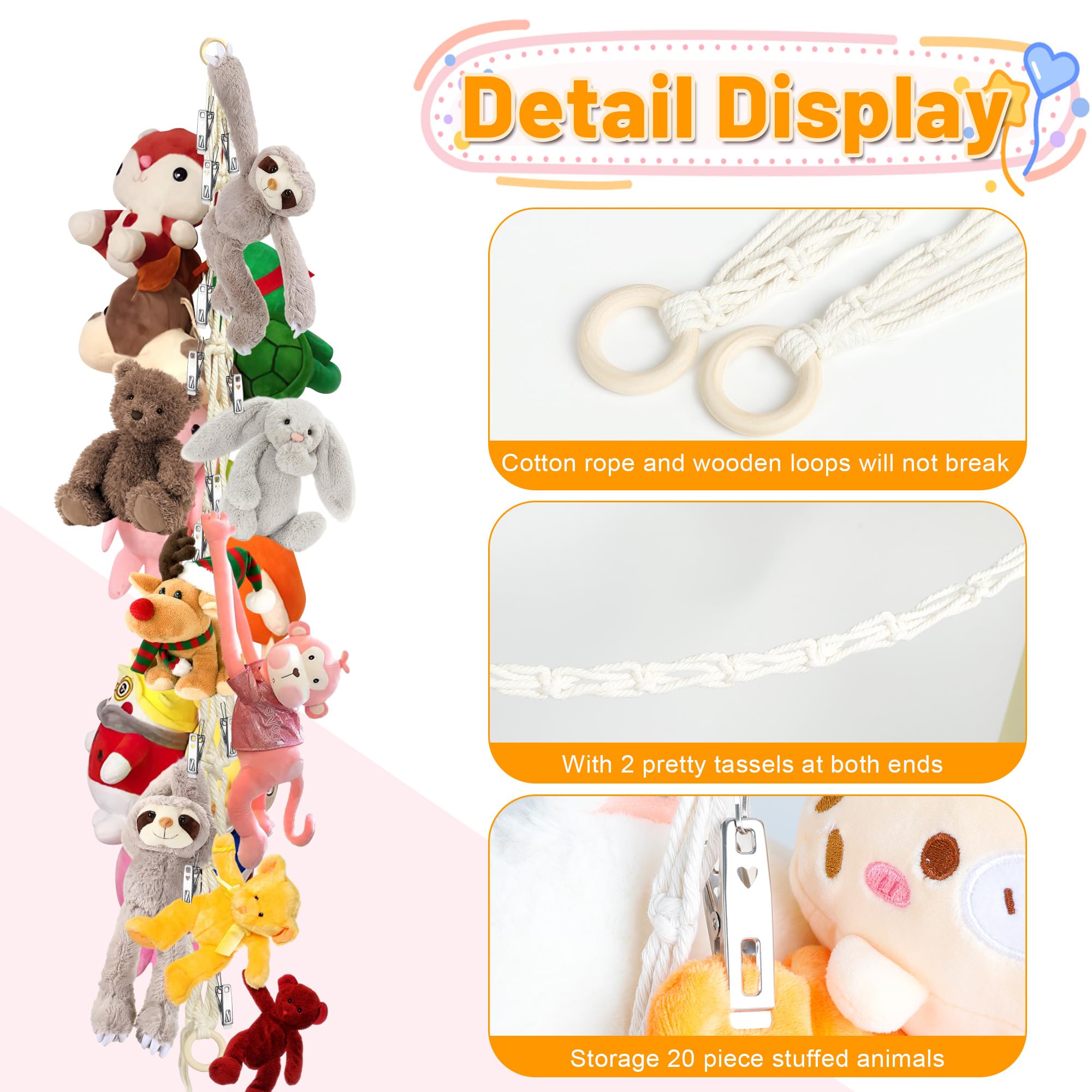Dorblely 20 stainless steel clips secure multiple plushies for sturdy hanging.