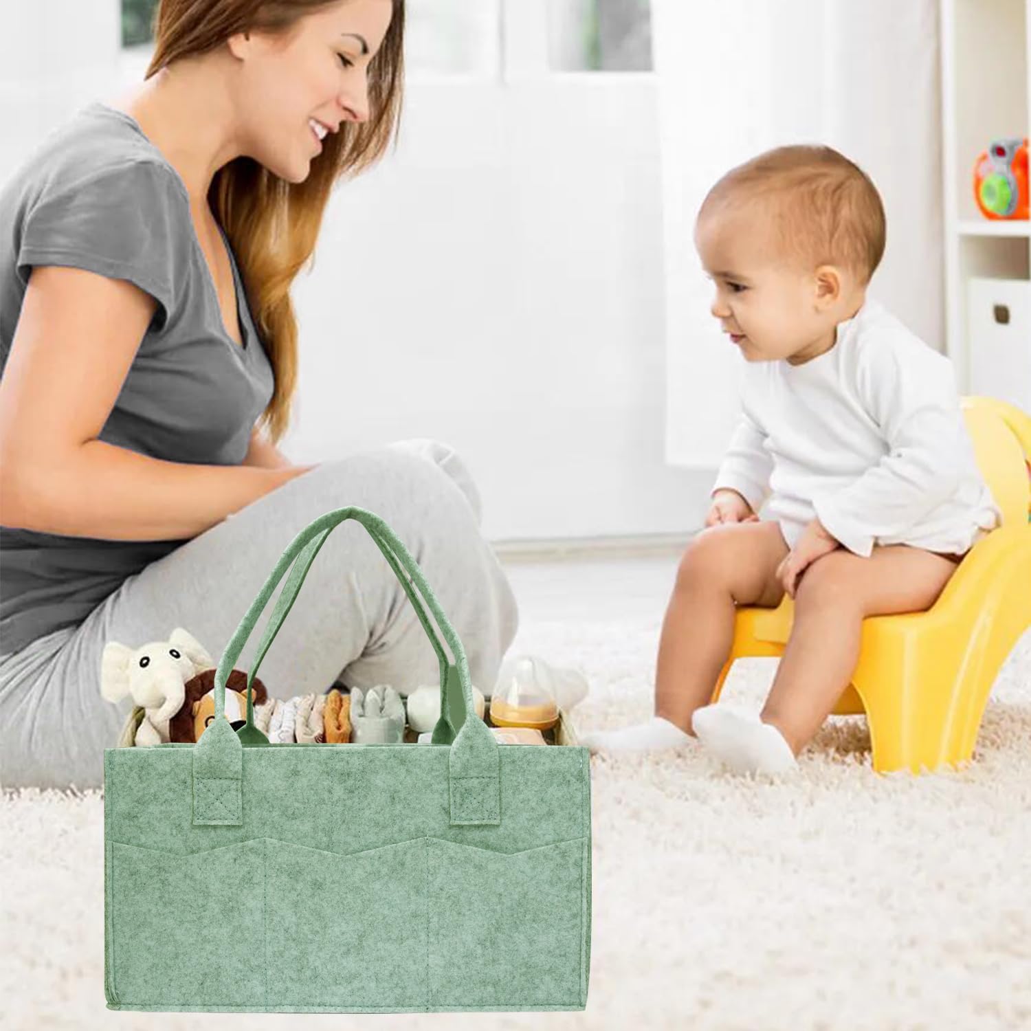 Dorcy multi-purpose storage bin keeps diapers, creams, toys within reach.