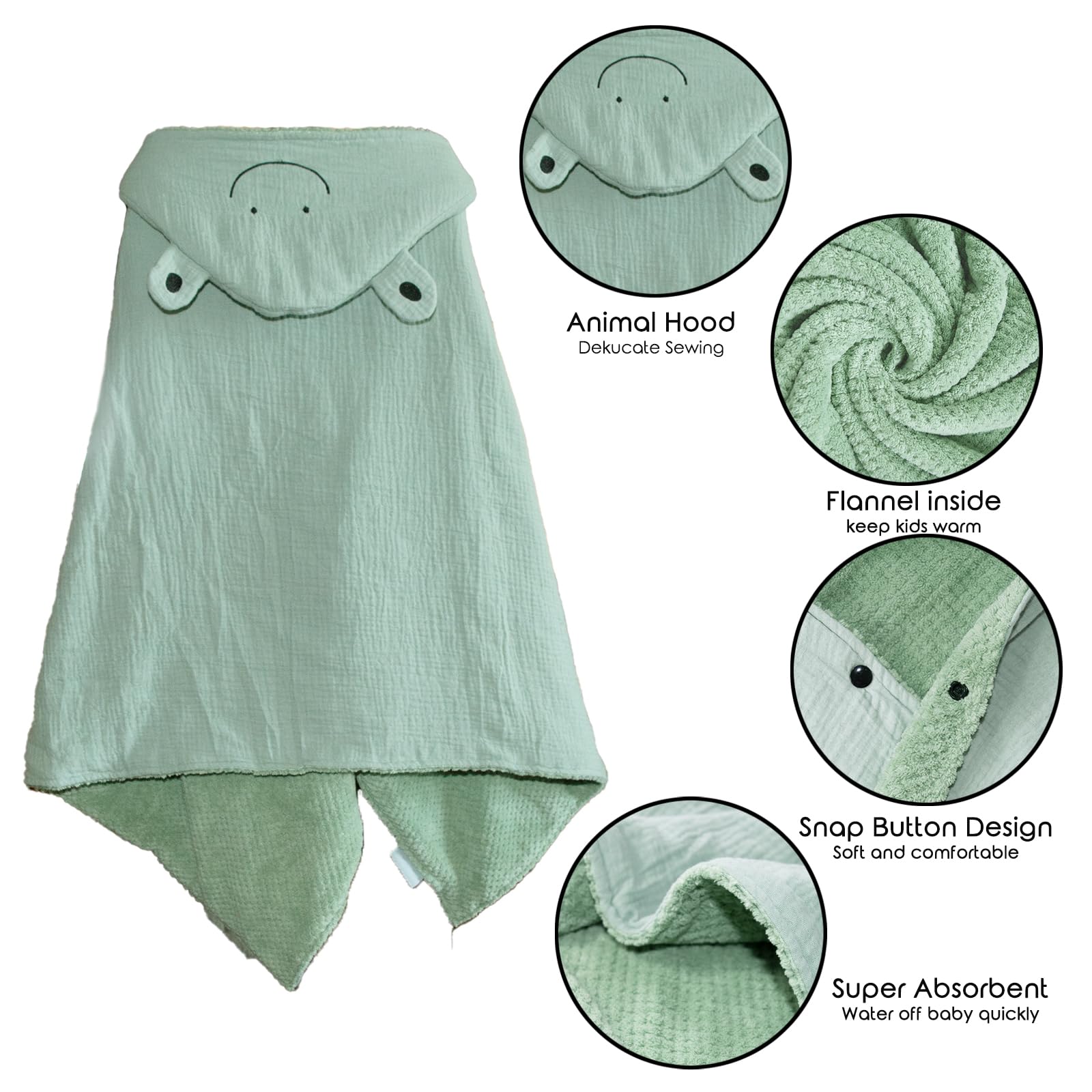 Dormlony flannel-lined towel keeps baby dry and cozy after bath.