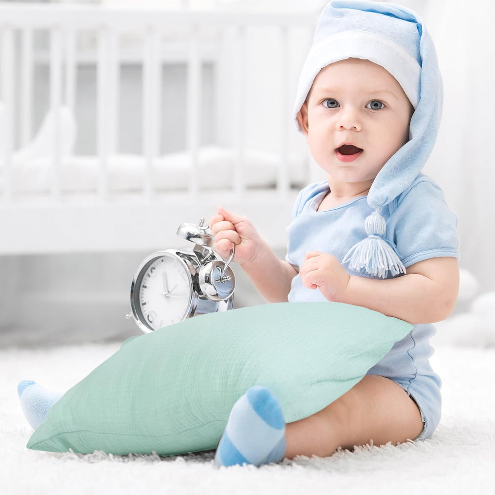 Dormlony kids pillow on bed shows coordinated blue color for easy styling.