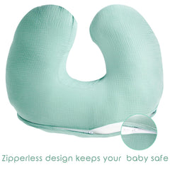 Dormlony nursing pillow closeup on soft breathable organic muslin material for baby comfort.