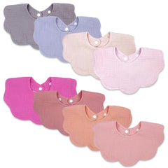 DOSMINE baby bibs flat lay shows eight colorful muslin bibs for drool protection.