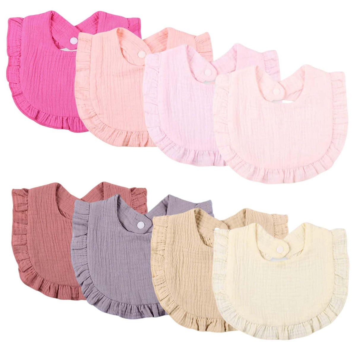 DOSMINE 8-pack muslin bibs are ultra-soft and absorbent for drool and spills.