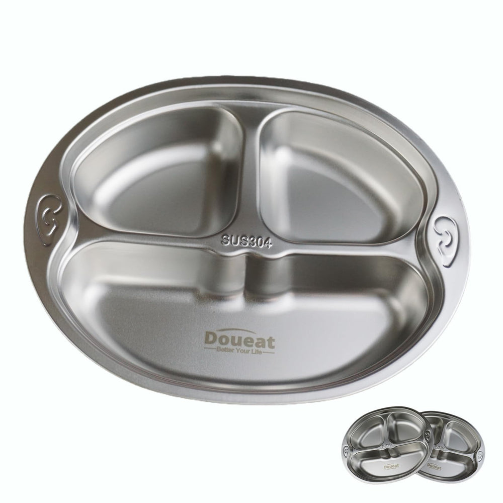 Doueat Monkey plate front view with cartoon shapes for kid-friendly meals.