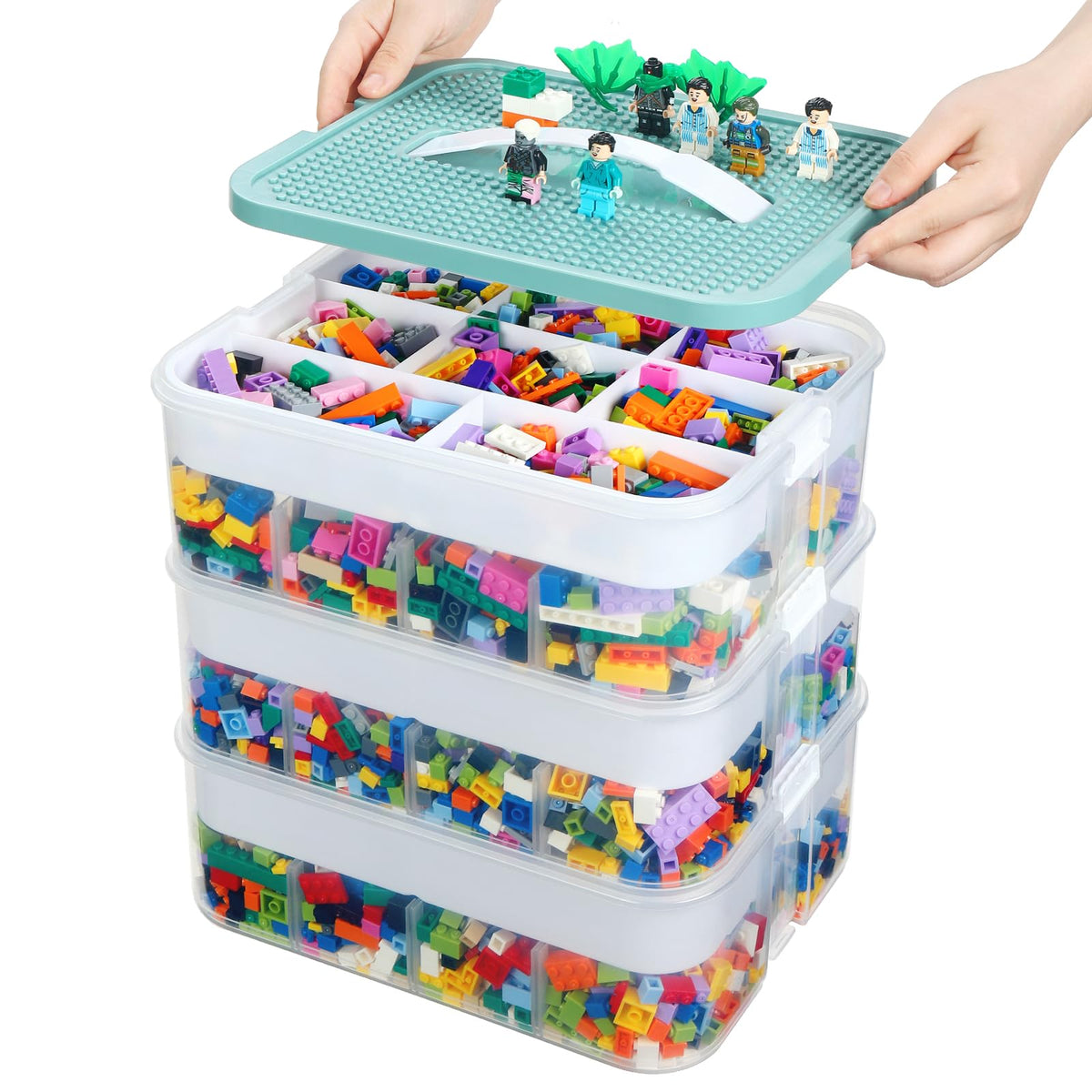 Douorgan 3-layer toy storage stackable with lids, ideal for Lego sorting.
