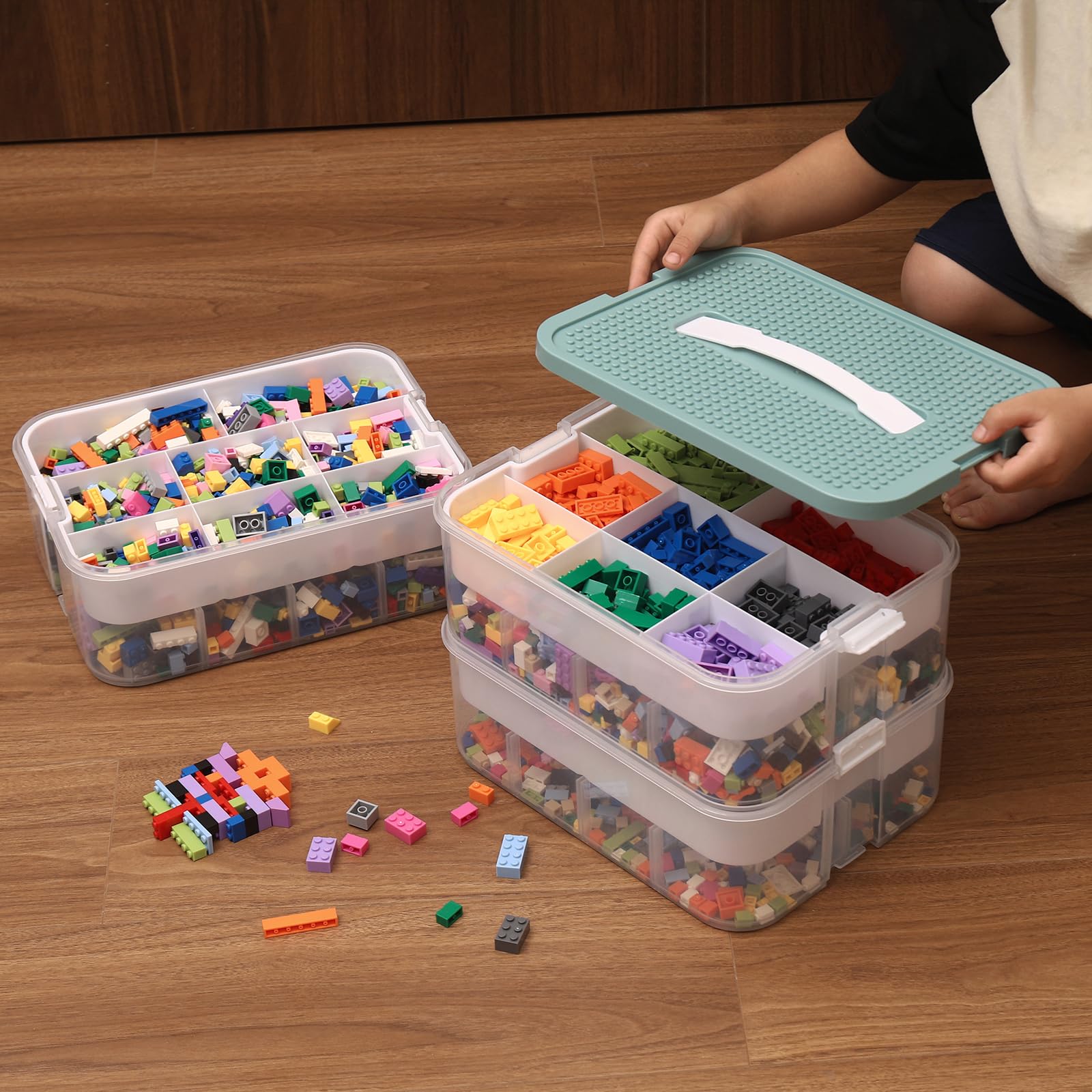 Douorgan large capacity fits bricks, mini-figures, beads, and small accessories.