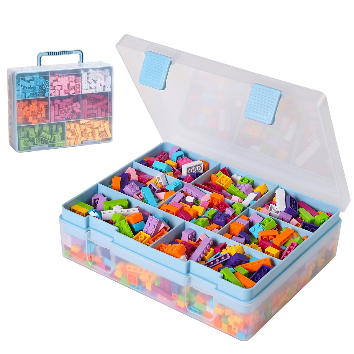 Douorgan toy storage organizer in blue lid keeps small parts organized.