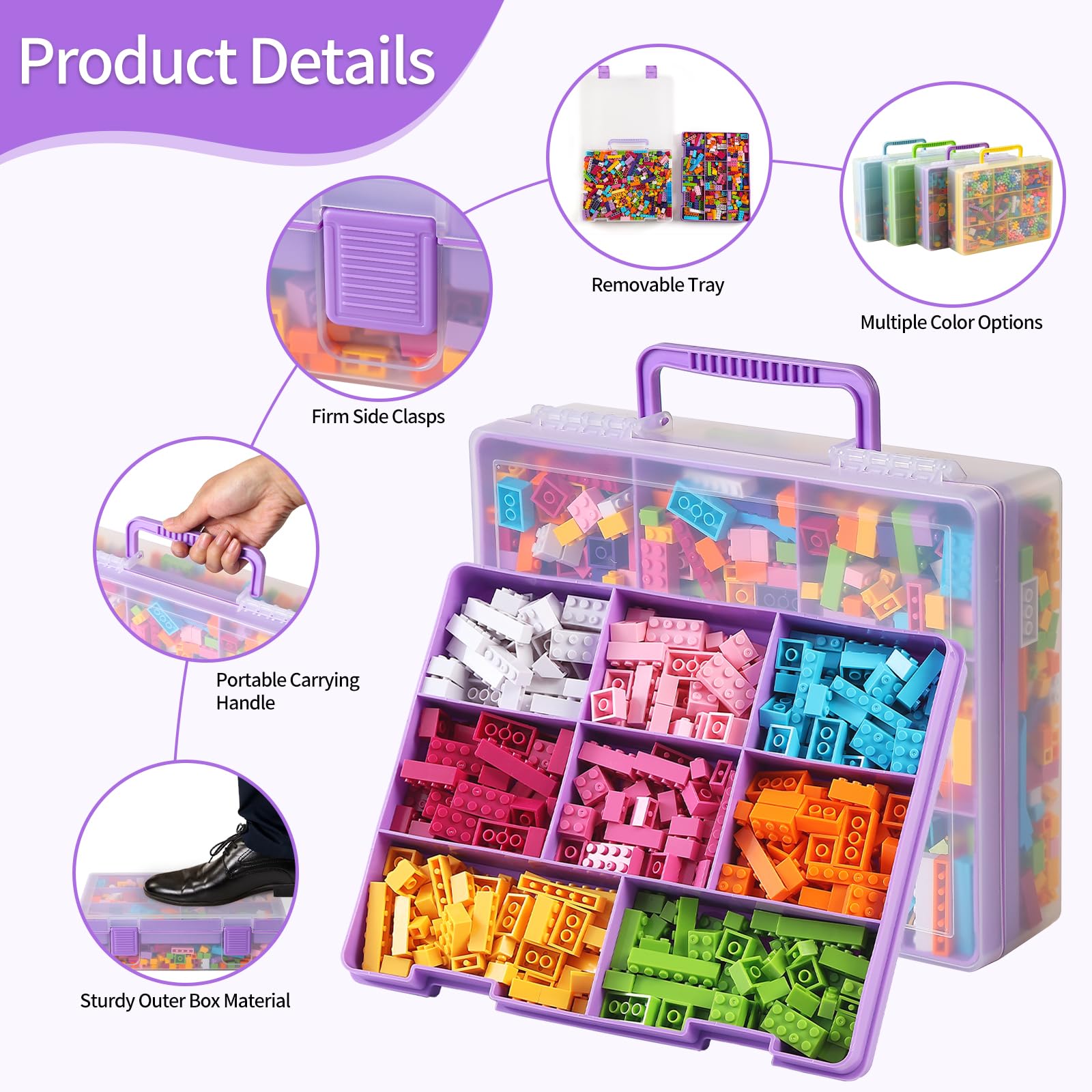Removable insert tray with eight compartments for easy sorting.