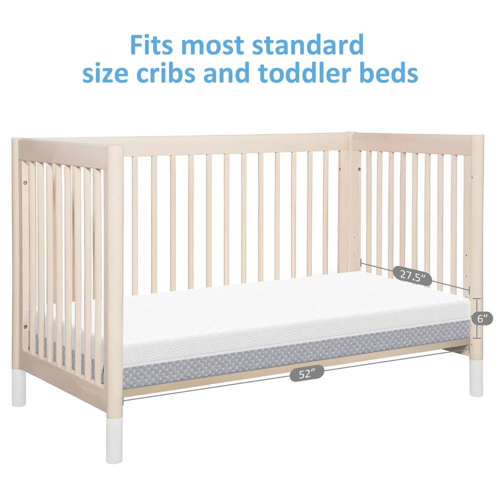 Standard crib size of 52 x 27.5 x 6 inches fits most cribs.