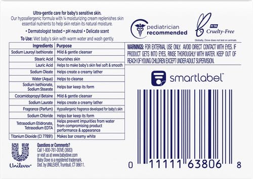 Dove Baby Bar Rich Moisture packaging shows 60 mL size for easy daily use.