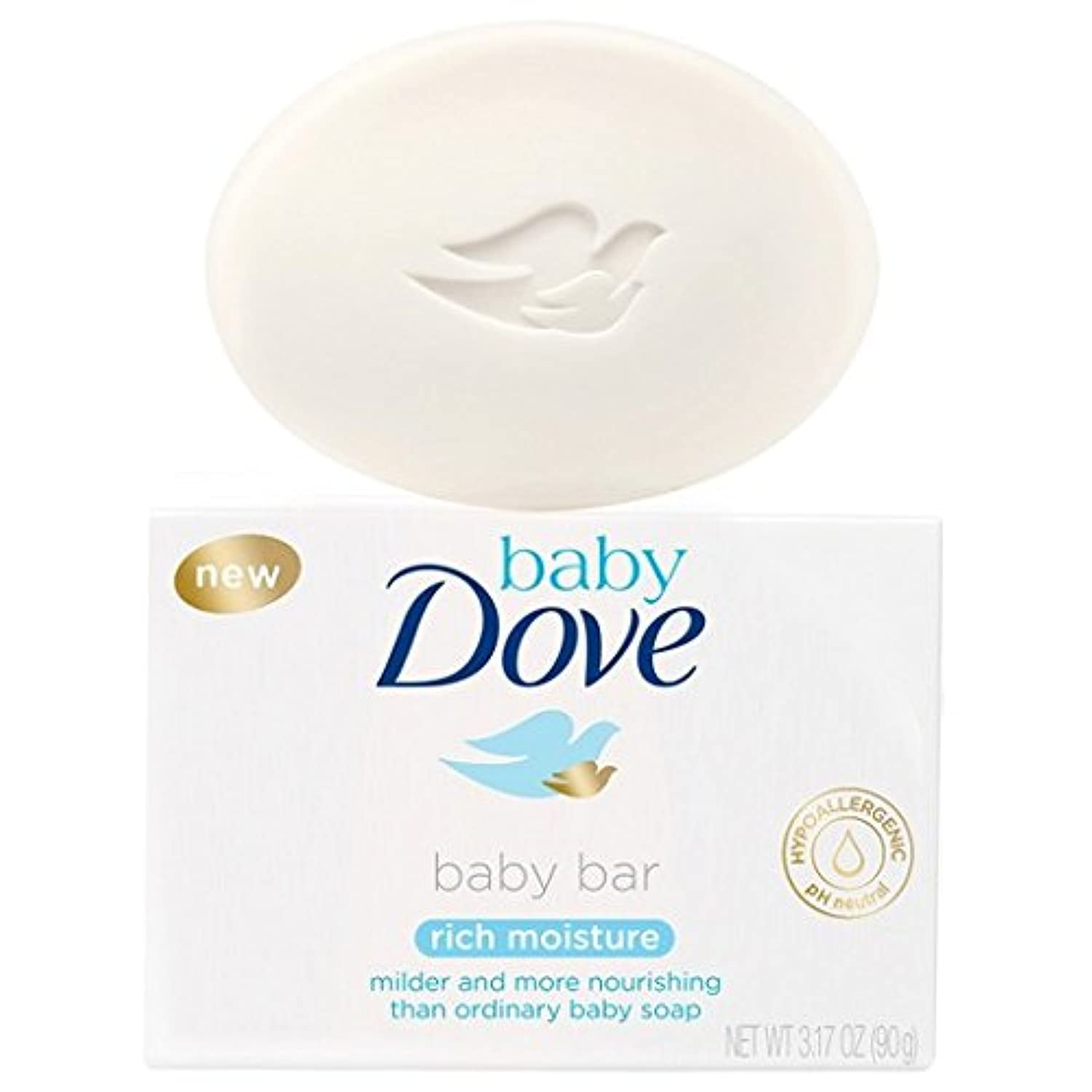 Dove Baby Bar Rich Moisture on a soap dish, gentle cleansing for delicate baby skin.