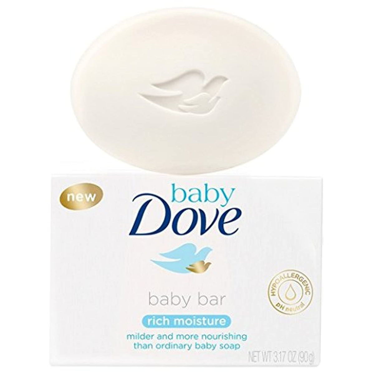 Dove Baby Bar Rich Moisture on a soap dish, gentle cleansing for delicate baby skin.