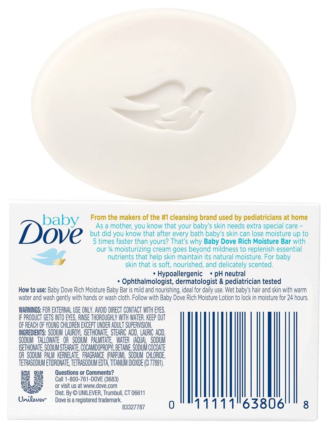 Dove Baby Bar Rich Moisture with towel scene, promotes gentle cleansing and hydration.