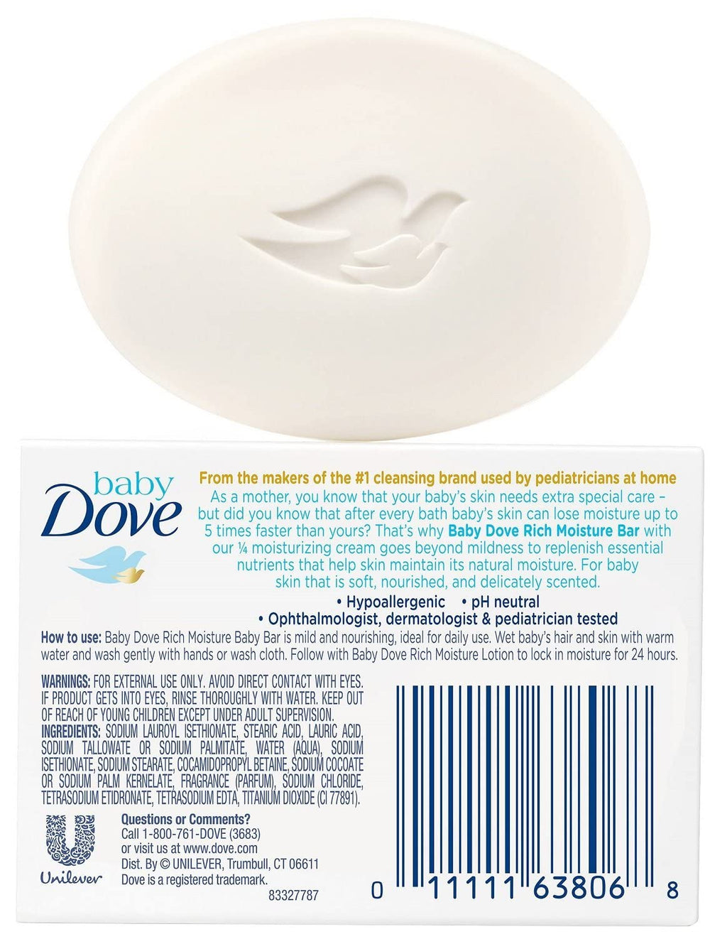 Dove Baby Bar Rich Moisture with towel scene, promotes gentle cleansing and hydration.