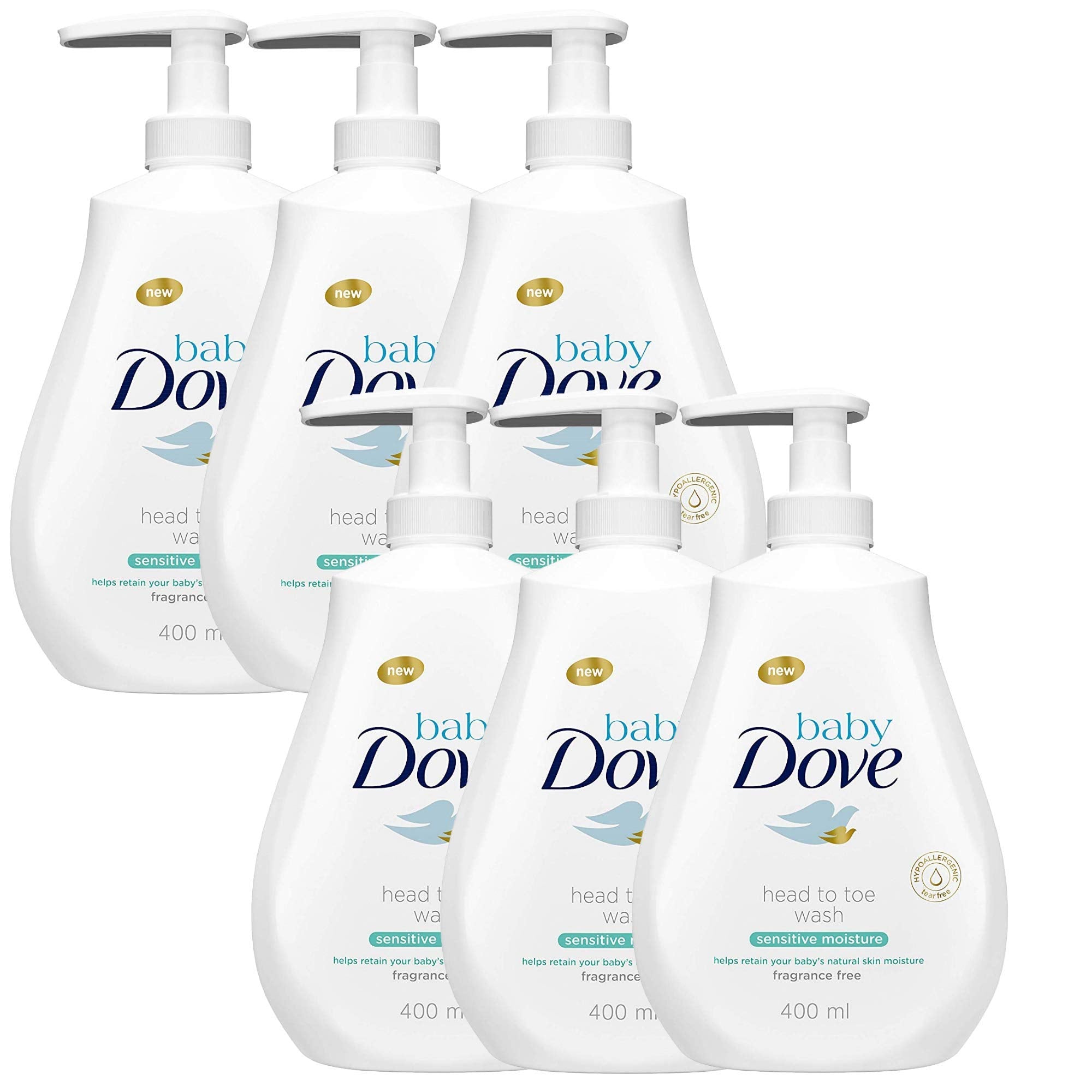 DOVE Baby Head to Toe Wash Sensitive Moisture bottle with gentle, tear-free formula for delicate skin.