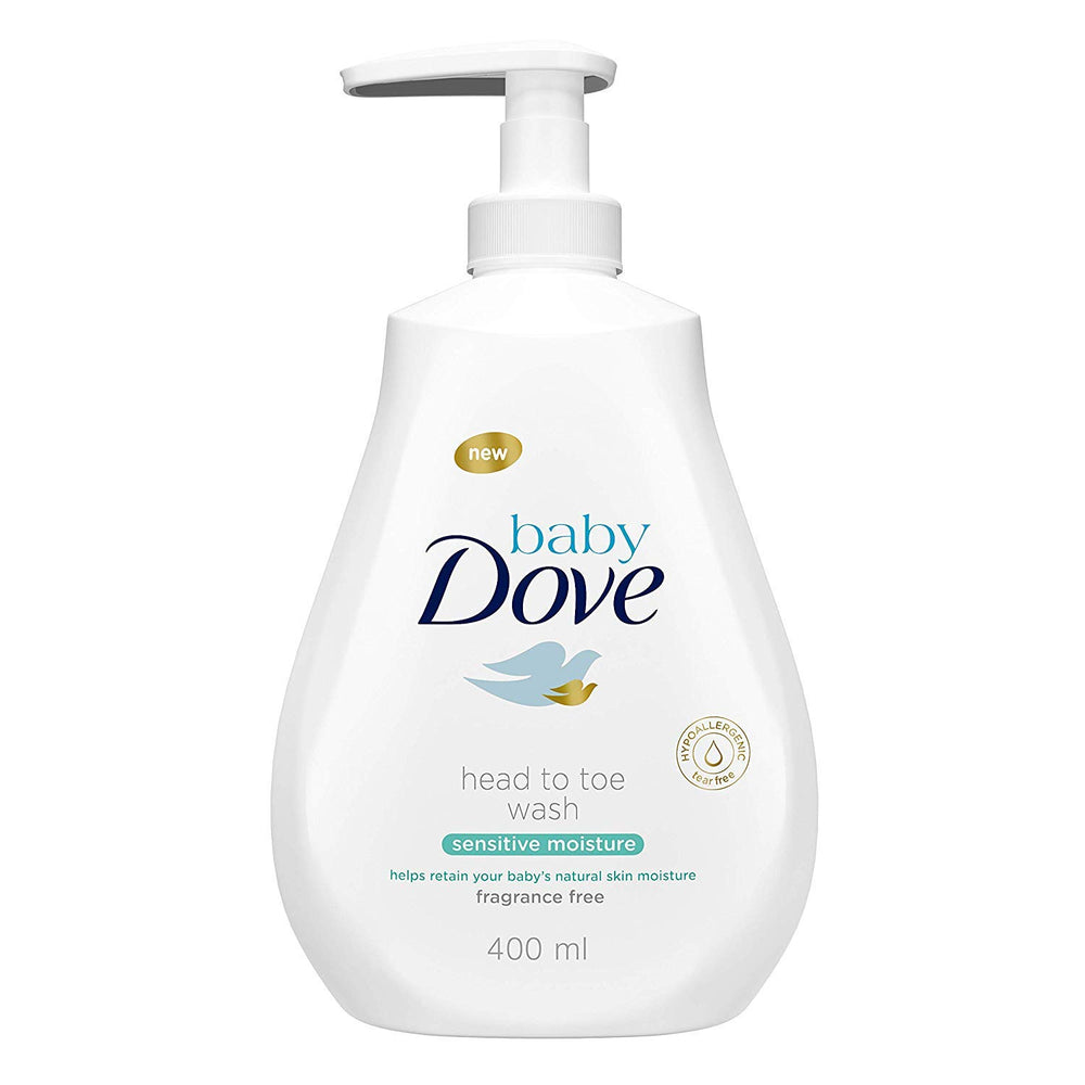 DOVE Baby Head to Toe Wash Sensitive Moisture packaging highlighting fragrance-free, dye-free formula for sensitive skin.