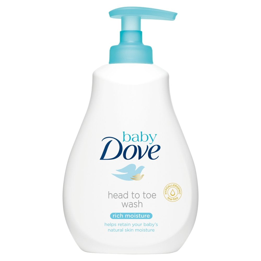 Dove Baby Rich Moisture Head-to-Toe Wash bottle showing gentle cleansing for delicate baby skin.