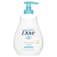 Dove Baby Rich Moisture Head-to-Toe Wash bottle showing gentle cleansing for delicate baby skin.