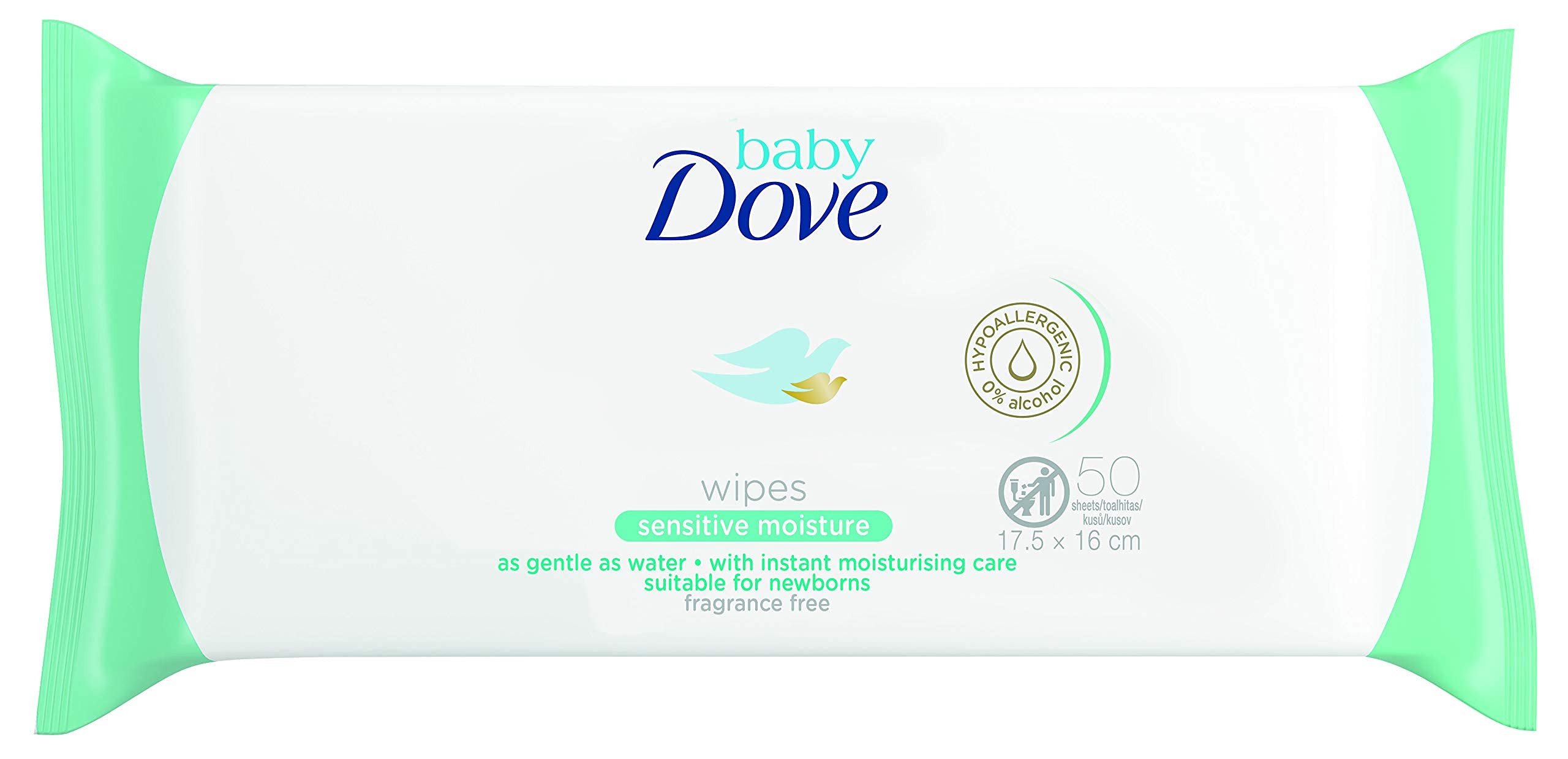 Dove Baby Wipes Sensitive Moisture six-pack box for gentle cleansing.