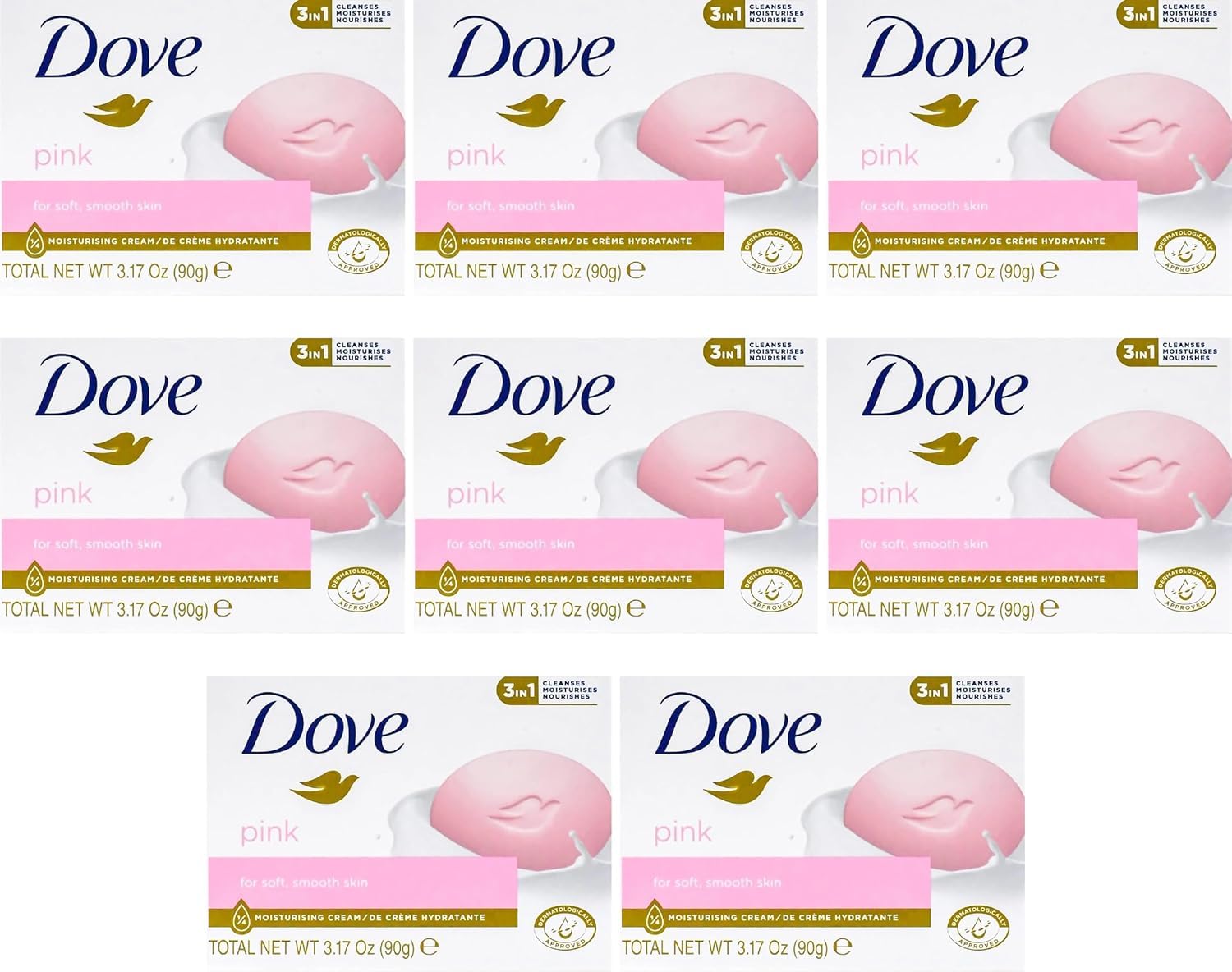 Dove Beauty Bar Pink pack of eight offers convenient daily cleansing for households.
