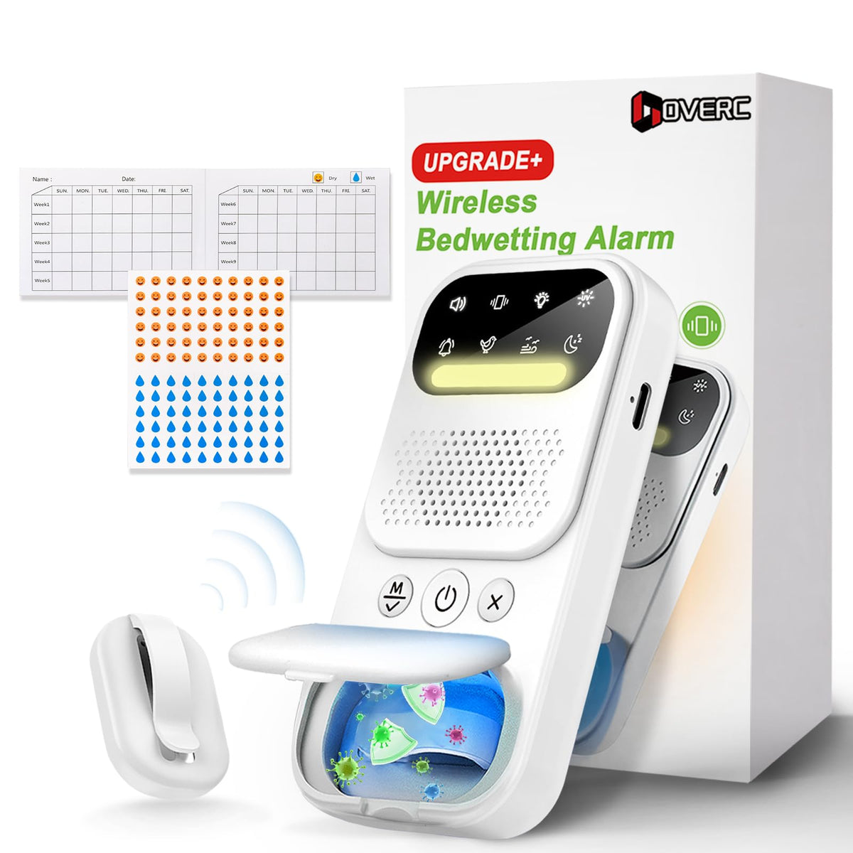 DOVERC bedwetting alarm on nightstand with wireless setup for real-time alerts