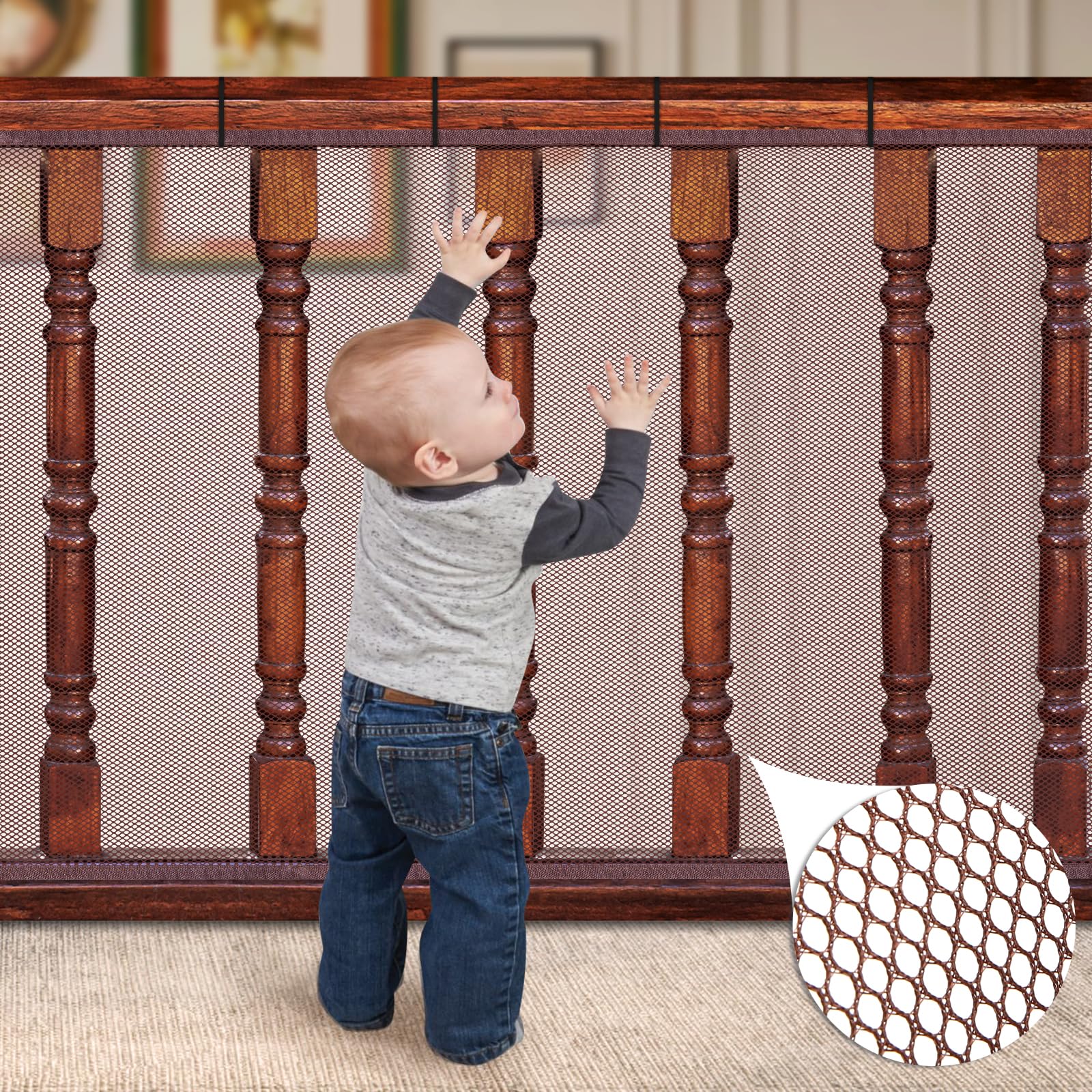 Dovesail Banister Guard on a stair rail offers a clear safety barrier.