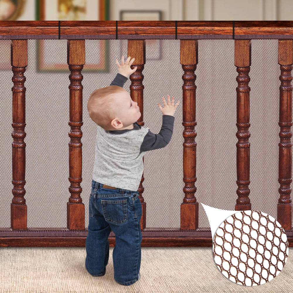 Dovesail Banister Guard on a stair rail offers a clear safety barrier.
